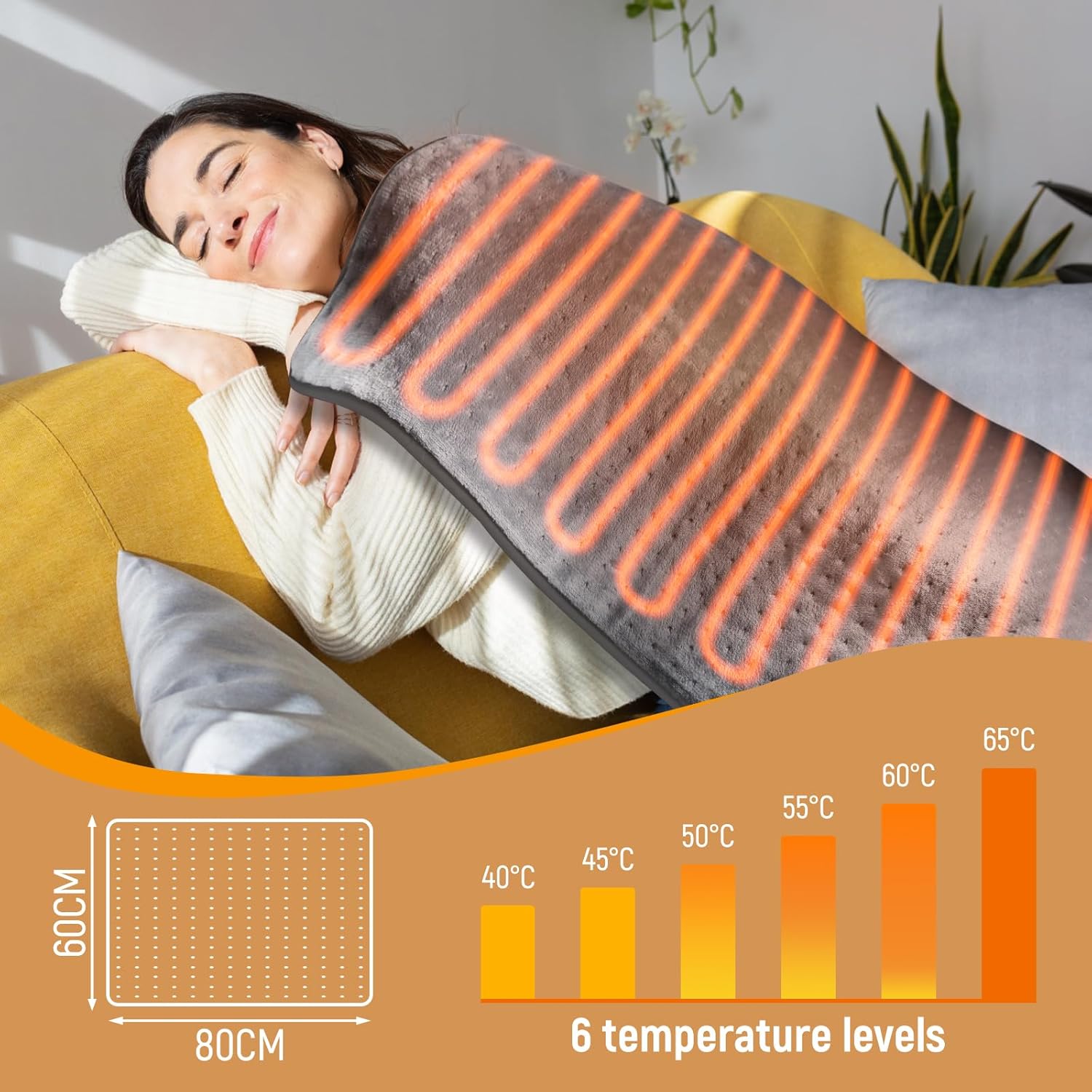 Elektrisches Heizkissen mit automatischer Abschaltung, 60 x 80 cm, schnelle Heiztechnologie, Wärmekissen mit 6 Temperaturstufen, Heizkissen für Rücken, Schulter, Bauch, Nacken, maschinenwaschbar – Bild 2