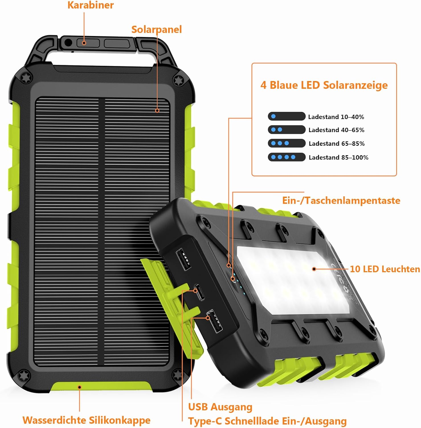 Solar Powerbank 10000 mAh, PD15W Tragbares Solar-Ladegerät USB C Externer Akku Outdoor Wasserdichts mit LED-Licht und 3 Ausgängen für Smartphones Tablets Camping, Grün – Bild 4