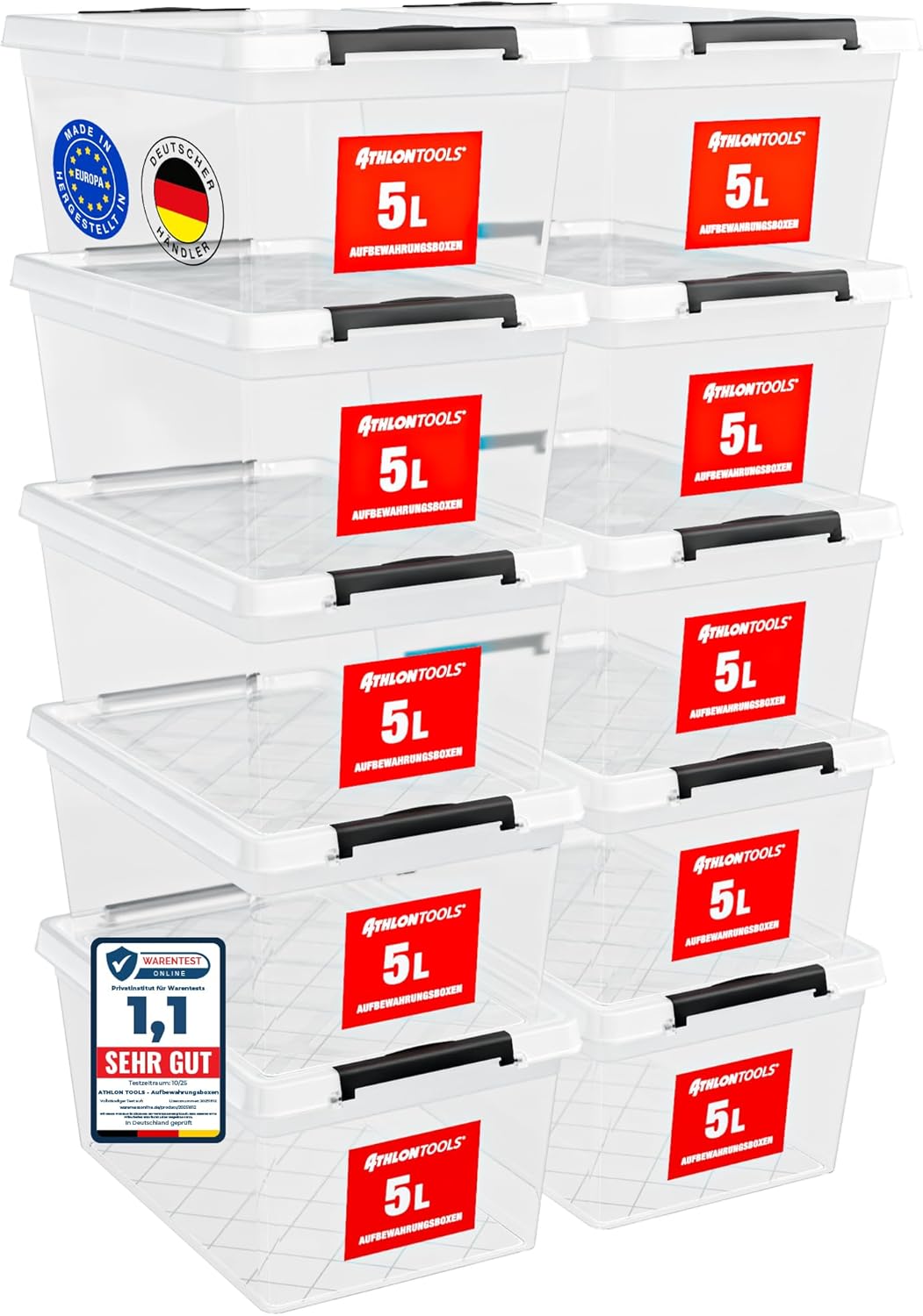 ATHLON TOOLS 10er Set 5L Aufbewahrungsboxen mit Deckel, klein, 100% lebensmittelecht, BPA-frei, Kunststoffbox mit Deckel, stapelbar, Aufbewahrung & Organisation, Kunststoff-Stapelboxen aus neuem Material