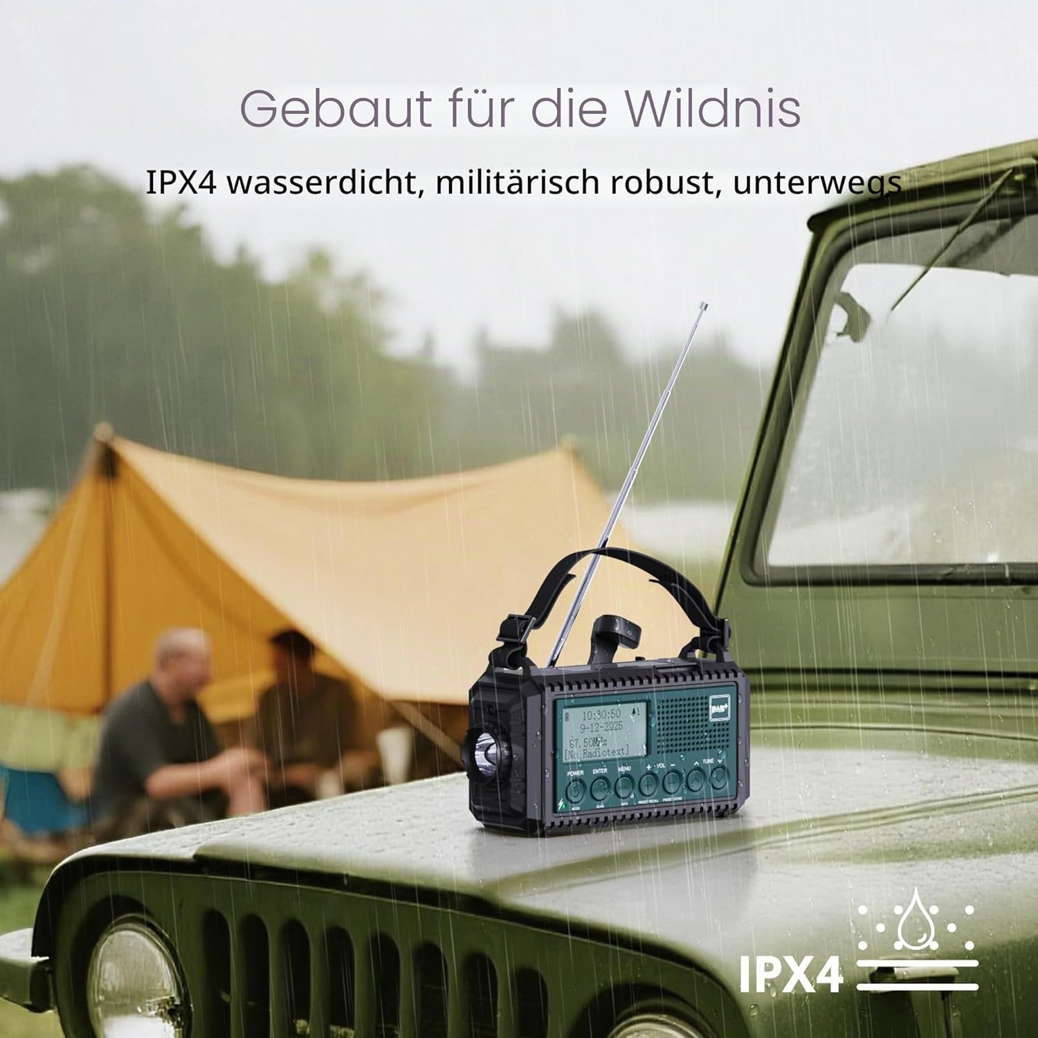 Kurbelradio DAB/DAB+/FM, Baustellenradio batteriebetrieben, tragbares Solar-Notfallradio mit 5000 mAh Akku, LED-Taschenlampe & Leselicht, IPX4, SOS-Alarm für Outdoor, Camping – Bild 6