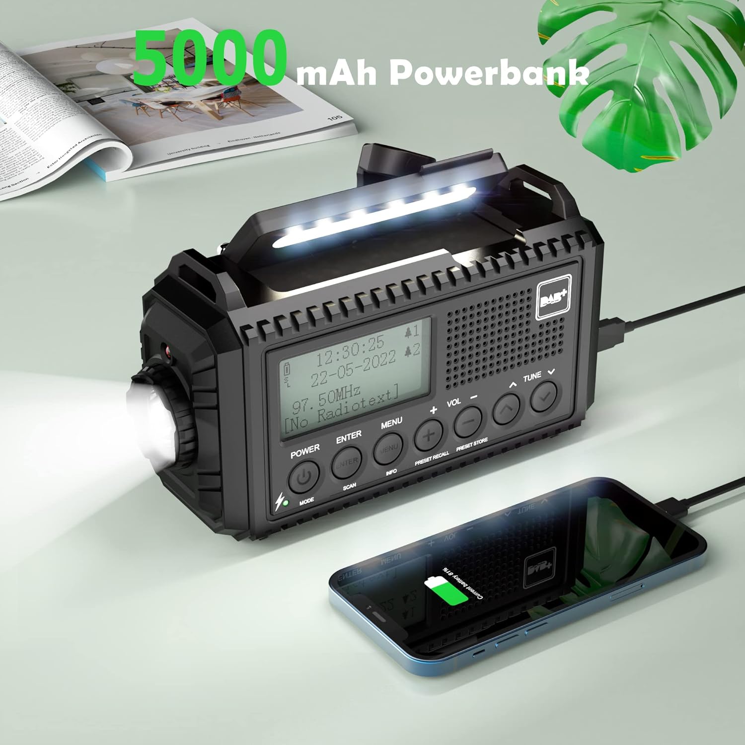 Kurbelradio DAB/UKW, tragbares Solarradio mit LED-Taschenlampe & Leselicht, DAB+/UKW-Baustellenradio IPX4, Notfallradio und SOS-Alarm, zum Wandern geeignet – Bild 5
