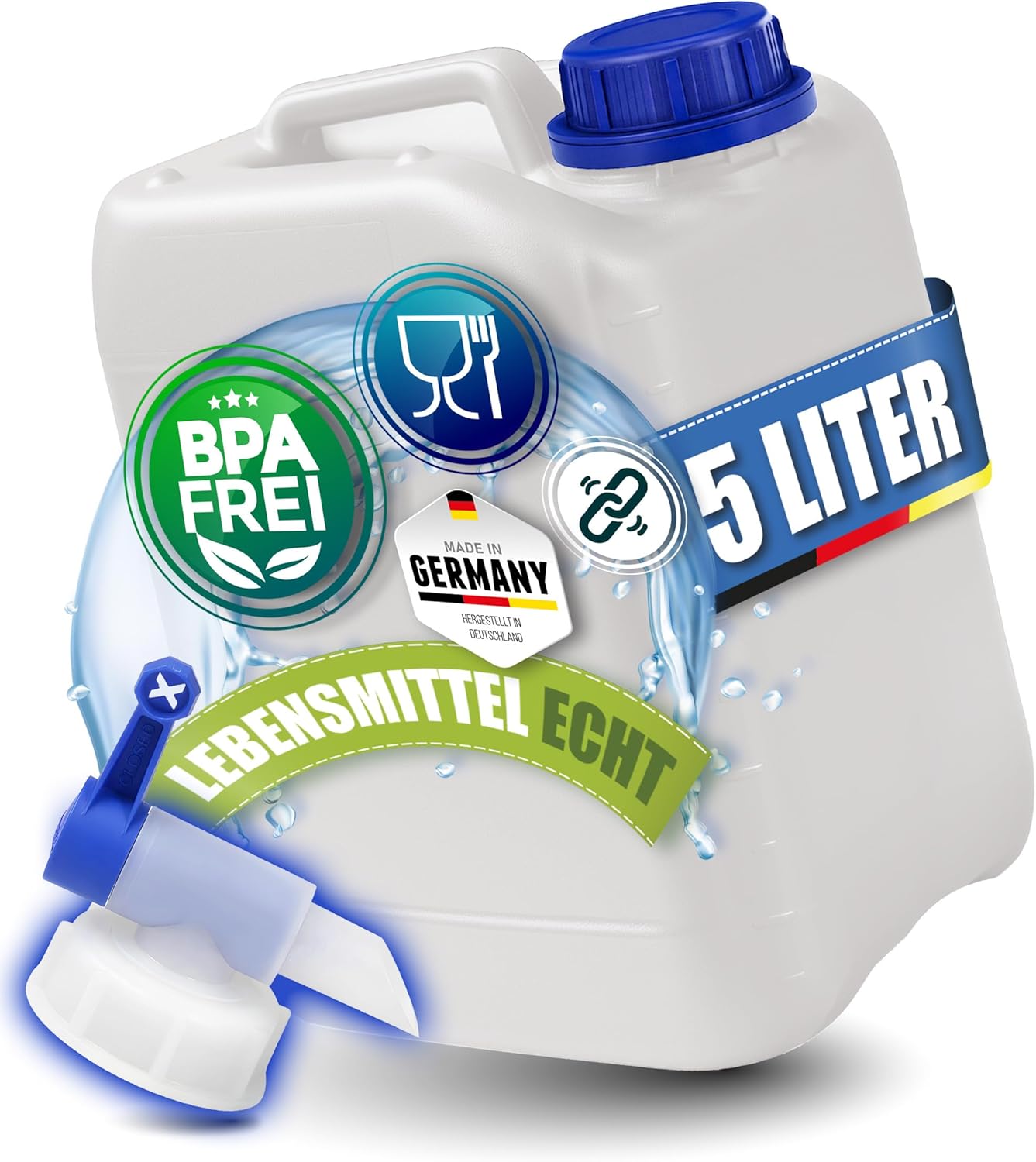Kosmetex 5 L Kanister, BPA-frei & lebensmittelecht, Wasserkanister 5 Liter für Camping, Garten, Gewerbe und Haushalt, robust, Made in Germany | Kosmetex Wasserkanister 5 Liter für Camping, Garten, Gewerbe & Haushalt, robust, geschmacksneutral für Wasser & Getränke