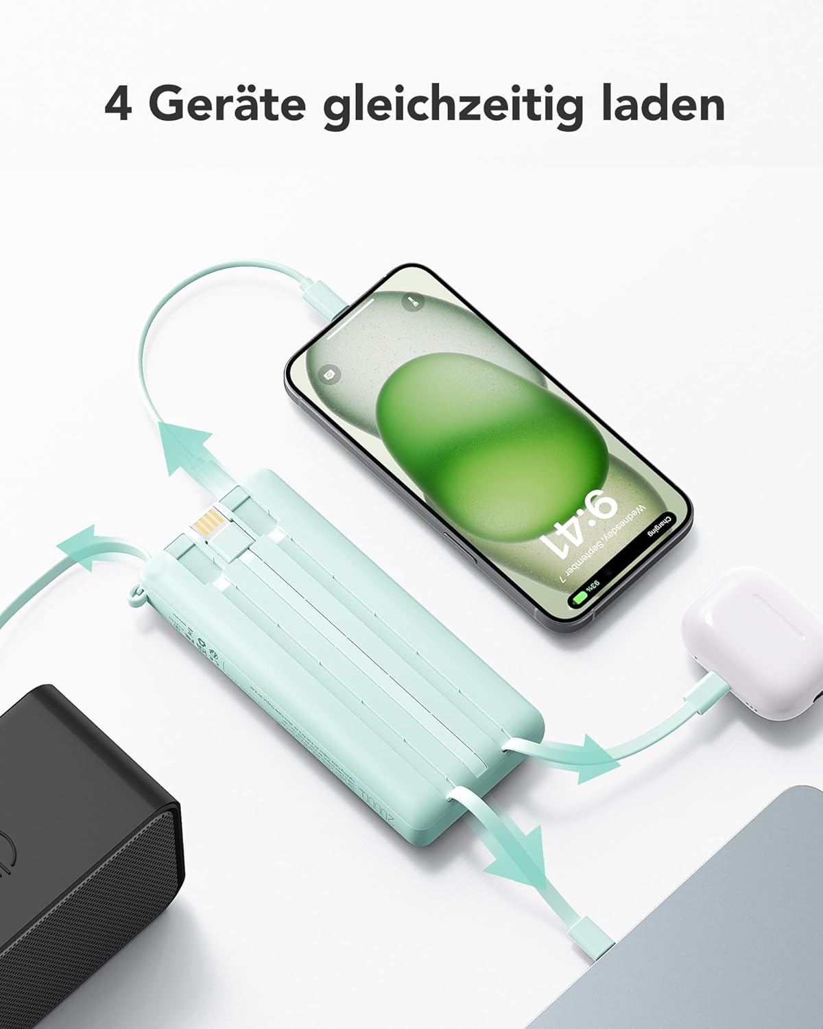 VRURC Powerbank, Powerbank 20000 mAh mit Kabel USB C Schnellladung 22,5 W Tragbares Ladegerät Schnellladung mit LED-Anzeige Externe Handy-Akkus Kompatibel mit iPhone, Huawei usw – Bild 3