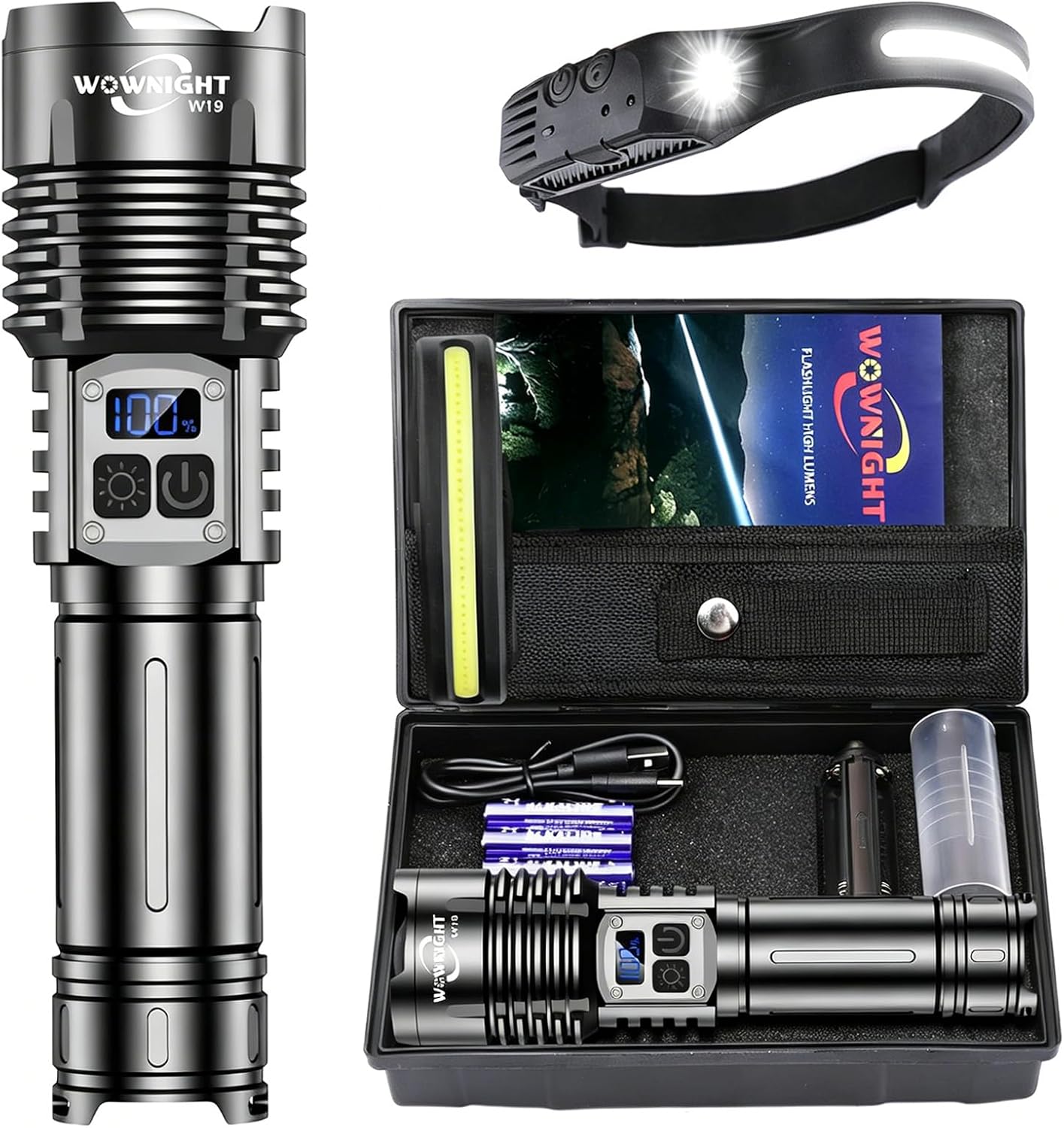 Taschenlampe LED wiederaufladbar, 1.000.000 LM – 50 W, 2-Schalter-LED-Taschenlampe, extrem hell, 1600 m Weitschuss, starke taktische Taschenlampe, stufenlos dimmbar, mit Stirnlampe für Notfälle im Freien