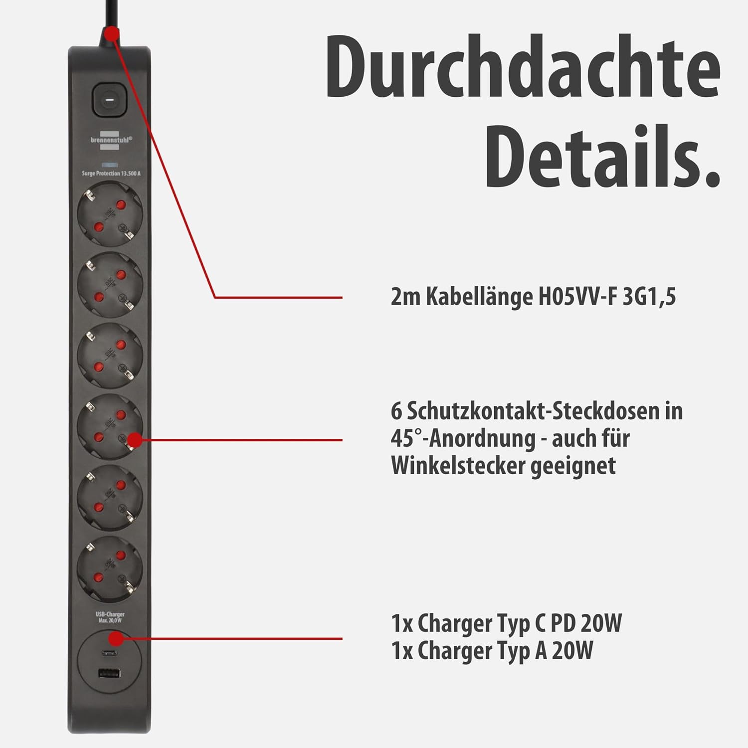 Brennenstuhl 6-fach Steckdosenleiste mit USB und Überspannungsschutz | Mehrfachsteckdose mit 1 x USB C PD 20 W zum Schnellladen und 1 x USB A 20 W, Schalter, 2 m Kabel, schwarz – Bild 3