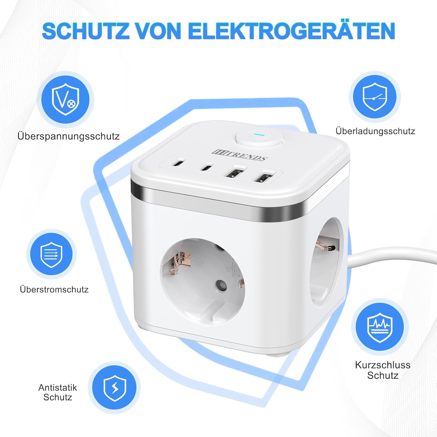Steckdosenwürfel mit USB, 3-fach Mehrfachsteckdose mit Schalter, Steckdosenleiste mit 2U2C, 7-in-1-Steckdosenverteiler mit 2 m Kabel, Flachstecker-Mehrfachsteckdose für Büro, Reisen, Weiß – Bild 6