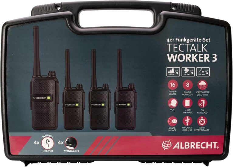 Albrecht Tectalk Worker 3 Kofferset, 4 Walkie Talkies & Zubehör, PMR446 Funkgeräte mit VOX, Robust für Baustelle, Sicherheit, Betrieb & Outdoor