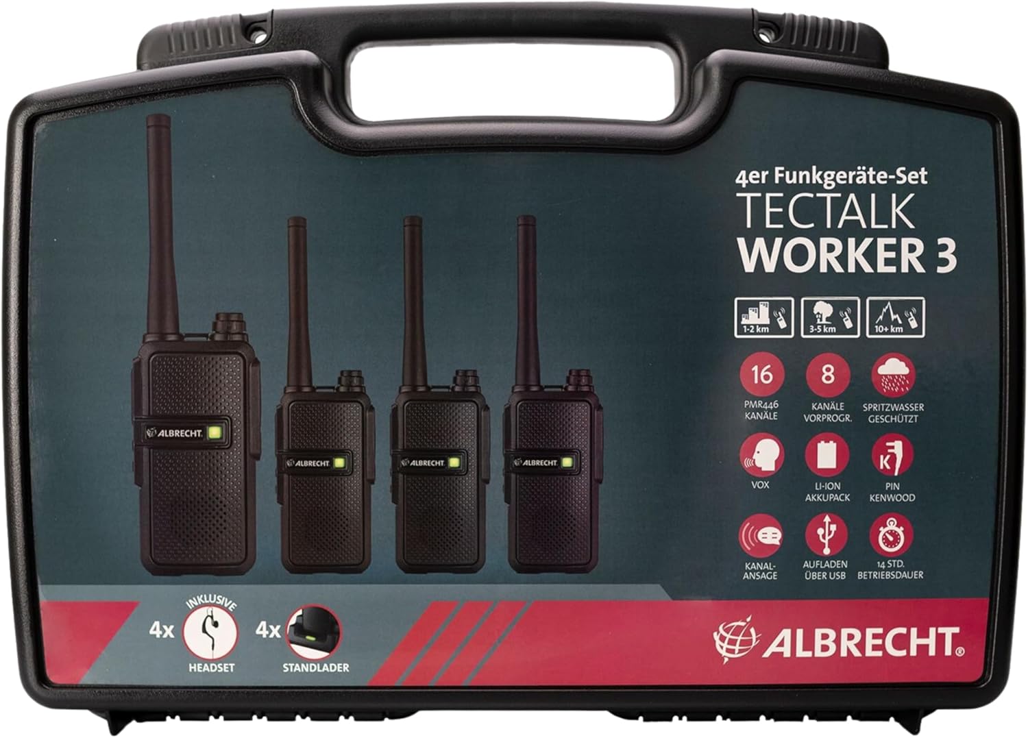 Albrecht Tectalk Worker 3 Kofferset, 4 Walkie Talkies & Zubehör, PMR446 Funkgeräte mit VOX, Robust für Baustelle, Sicherheit, Betrieb & Outdoor