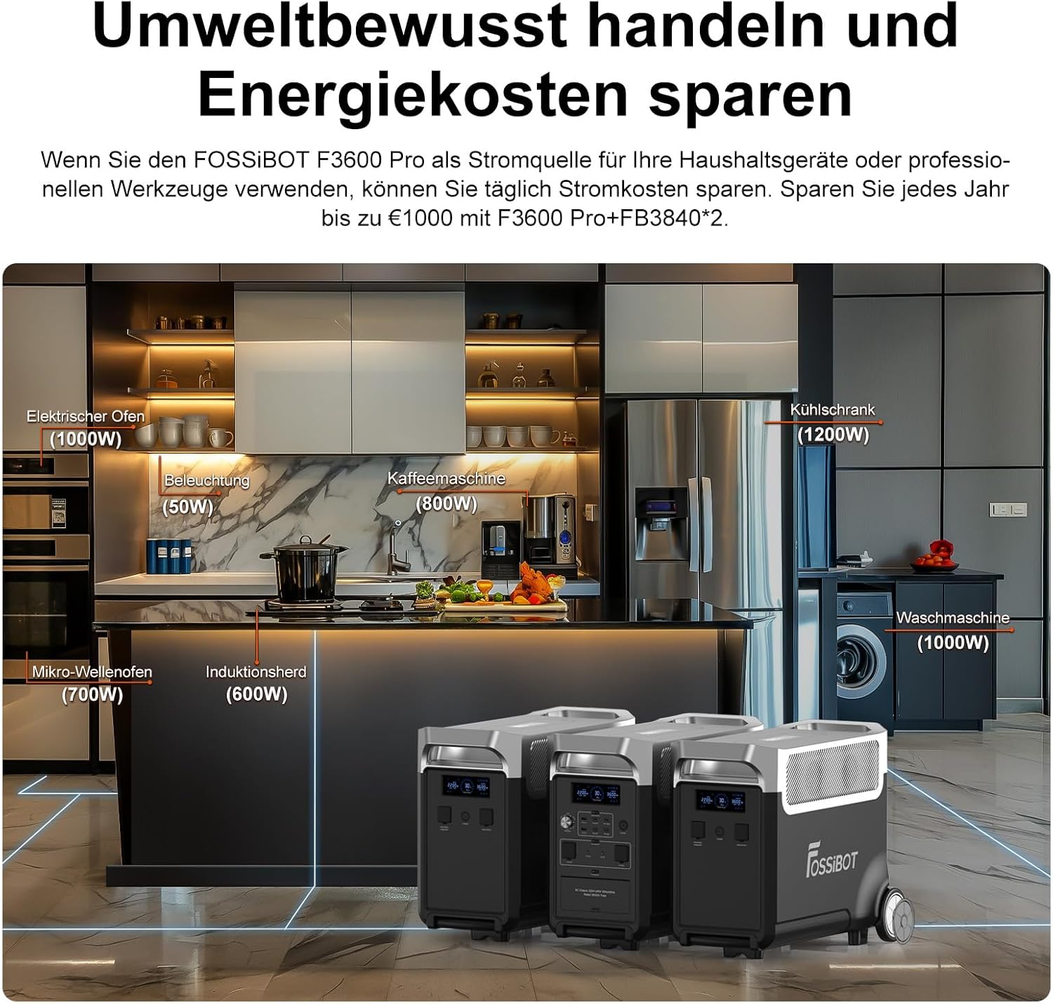 FOSSiBOT F3600 Solargenerator, 3840 Wh LiFePO4 Tragbares Kraftwerk mit USV, 3 x 230 V AC Ausgang 3600 W (7200 W Spitze), Sturmgenerator 2200 W, schnelle Stromspeicherung, Aufladen, Reisen, Outdoor-Camping, Schwarz – Bild 5