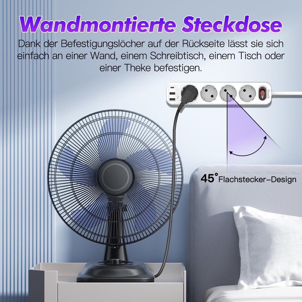 RoadZ Steckdosenleiste mit USB-Steckplatz, 6-fach-Steckdose mit 2 USB-A- und 1 USB-C-Anschluss, 1,8 Kabel langes Verlängerungskabel mit Schalter, Überspannungsschutz-Steckdosenleiste, DE-Mehrfachstecker – Bild 3