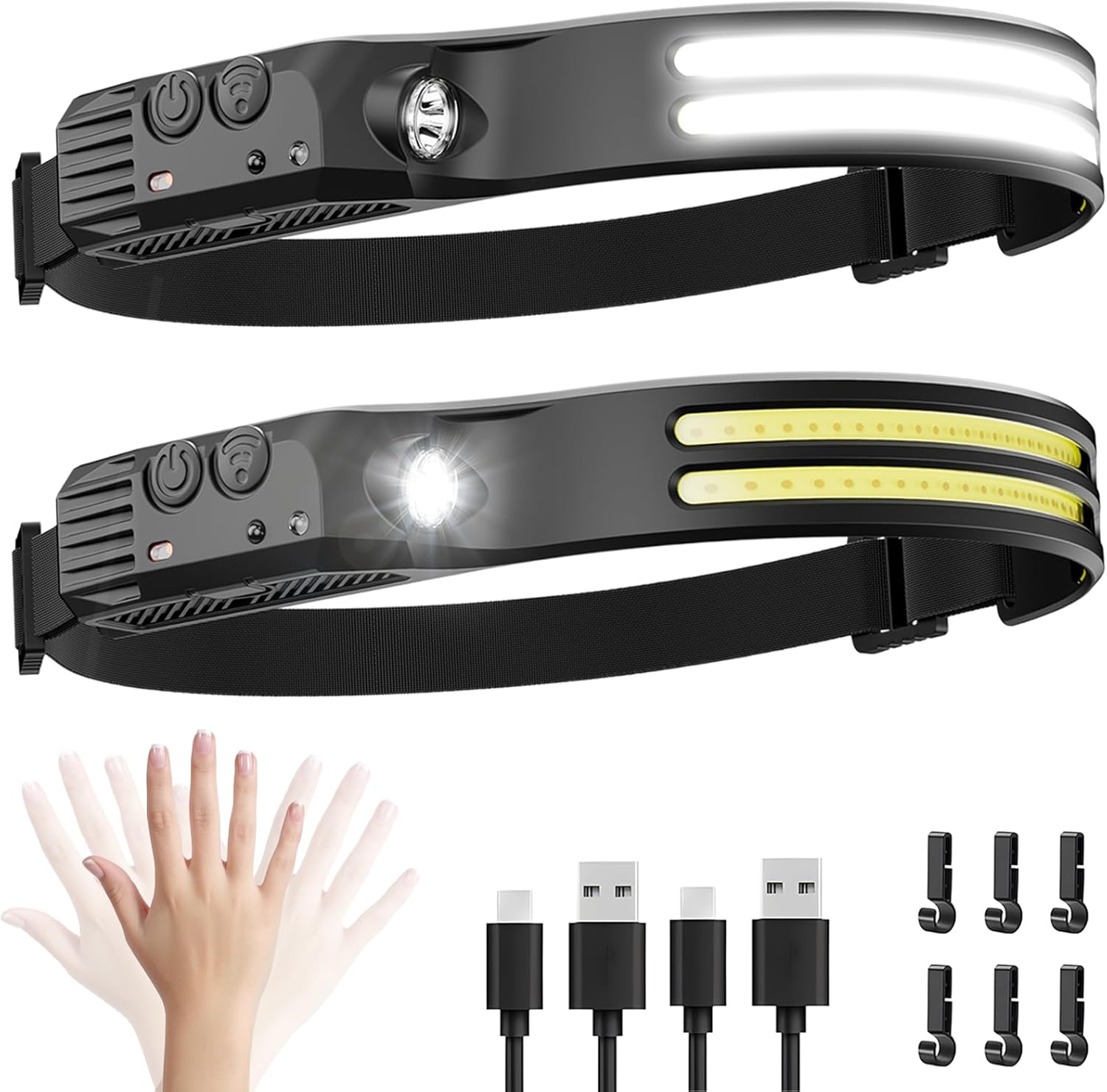 2 Stück Stirnlampe LED wiederaufladbar, 230° Weitwinkel superhelle Stirnlampe mit Sensor, USB wiederaufladbares LED-Stirnband mit Licht zum Joggen, Angeln, Wandern, Arbeiten, Campingzubehör