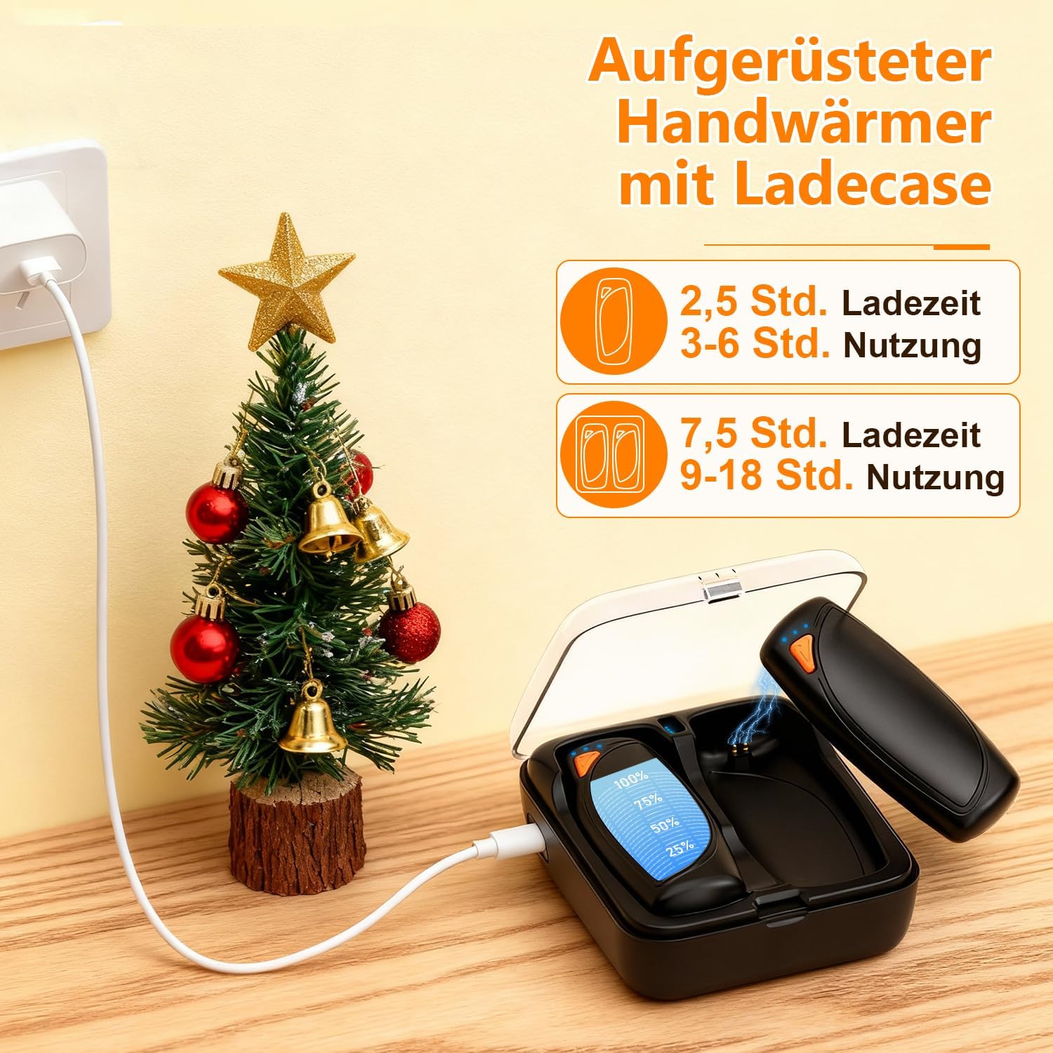 Lepwings Handwärmer Elektrisch 2er-Pack mit Ladecase, 14.000 mAh, Wiederverwendbarer Taschenwärmer, Beidseitige Heizfunktion, 3 Heizmodi, USB-Aufladbar, Ideal für Outdoor im Winter – Bild 4