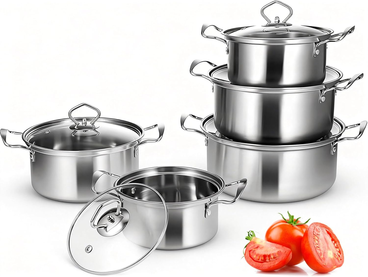 10-teiliges Induktions-Topfset, Topfset aus Edelstahl mit Glasdeckel und Kochtopf, Induktionstöpfe-Set, für alle Herdarten, unbeschichtet, Topfset Induktion