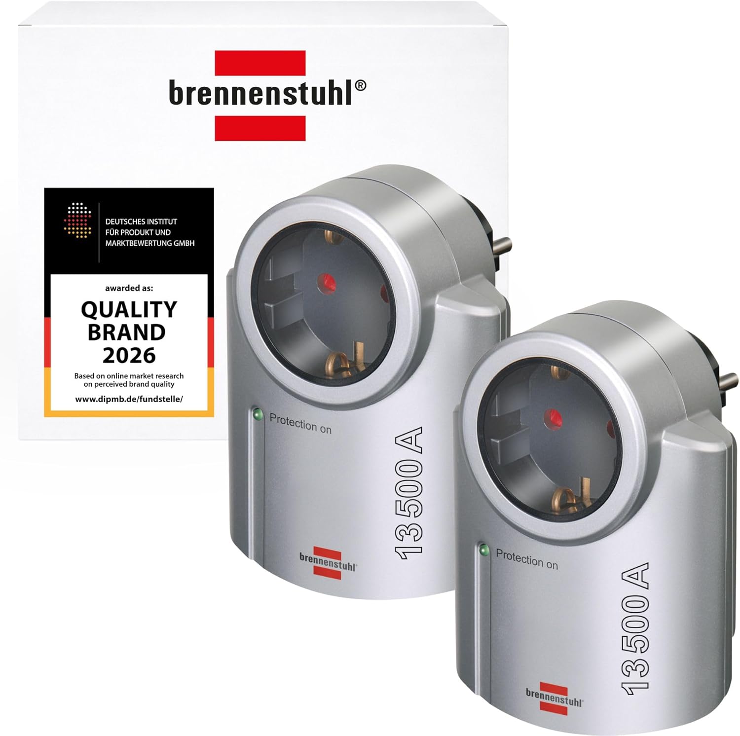 Brennenstuhl Primera-Line Steckdosenadapter mit Überspannungsschutz 2er Set (Adapter als Blitzschutz für Elektrogeräte) silber/schwarz