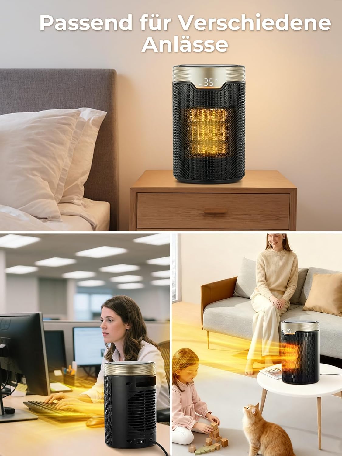 Heizlüfter Energiesparend, 24-Stunden-Timer 32 dB Leise 1500 W PTC-Keramik-Elektro-Heizlüfter mit Thermostat, Überhitzungs- & Kippschutz, Elektroheizung für Räume, Schlafzimmer, Eco-Modus, Glod – Bild 7