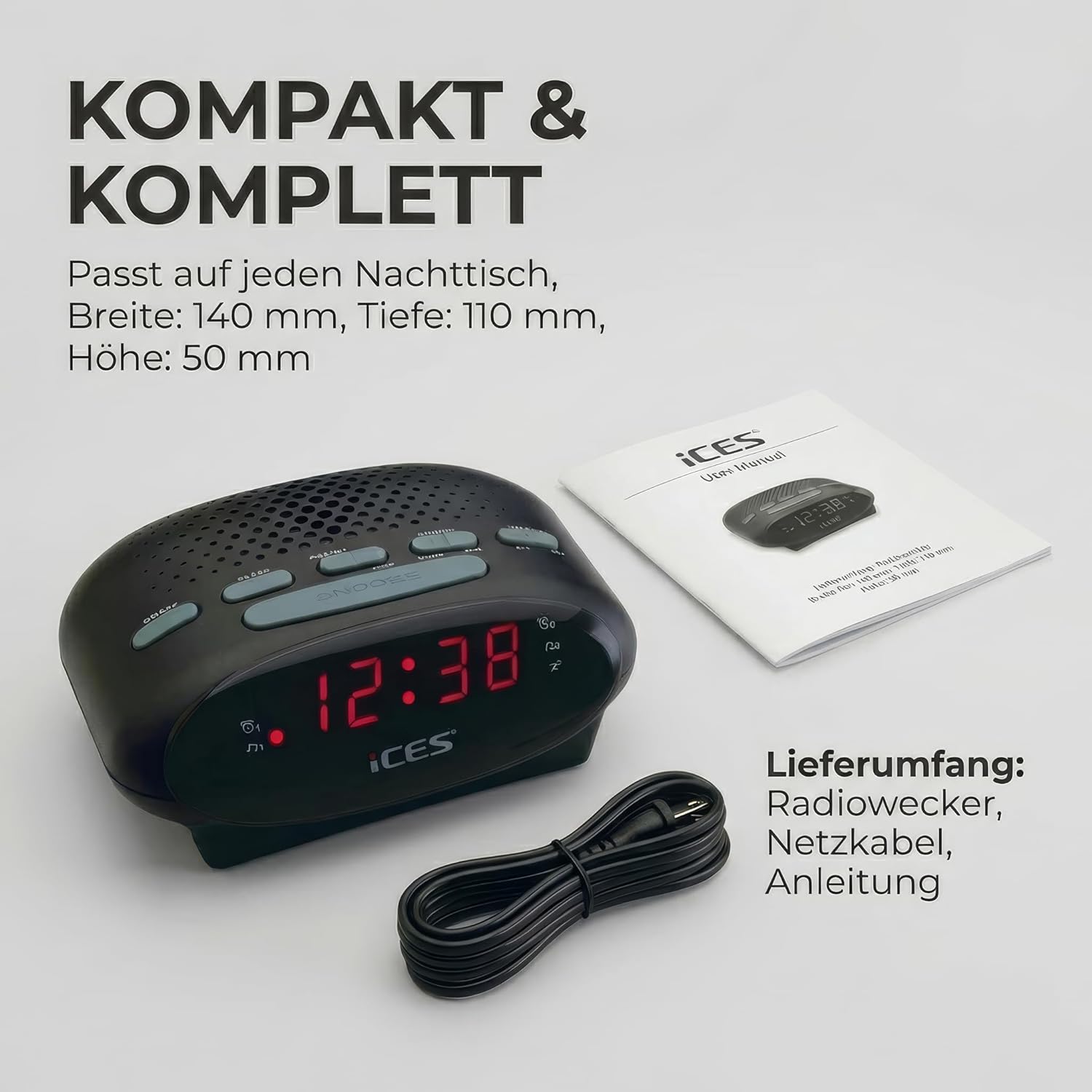 iCES ICR-210 Uhrenradio (2X Weckzeiten, Schlummerfunktion, Sleep-Timer) schwarz | ICR-210 – PLL FM – Schlummerfunktion – Sleep-Timer – Gangreserve – kompakt – Schwarz – Bild 7