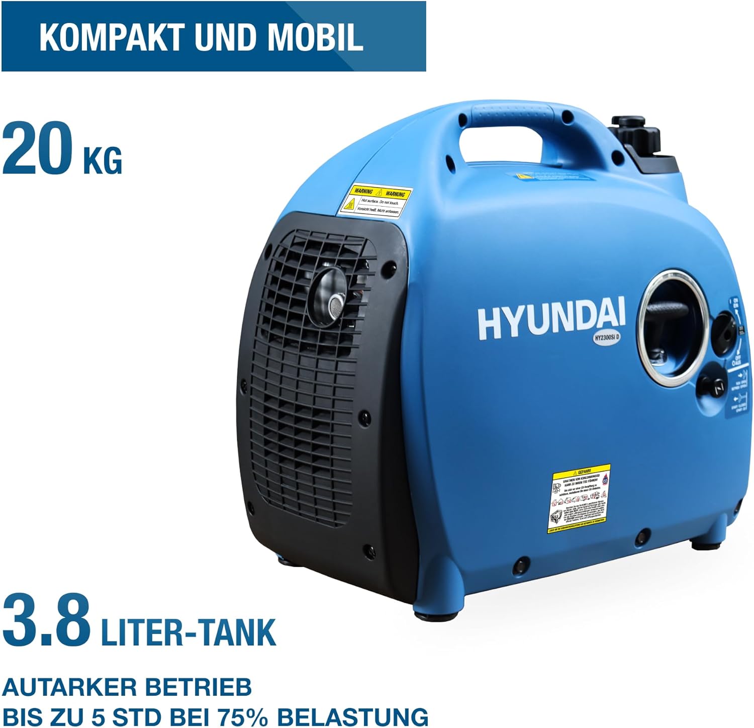 Hyundai Inverter-Generator HY2000Si D (tragbarer Benzingenerator, Inverter-Stromerzeuger mit 2 kW Maximalleistung, Notstromgenerator, Generator) | Stromgenerator mit 2,2 kW max. Power, Benzin-Notstromaggregat, leise, leicht und sparsam – Bild 8