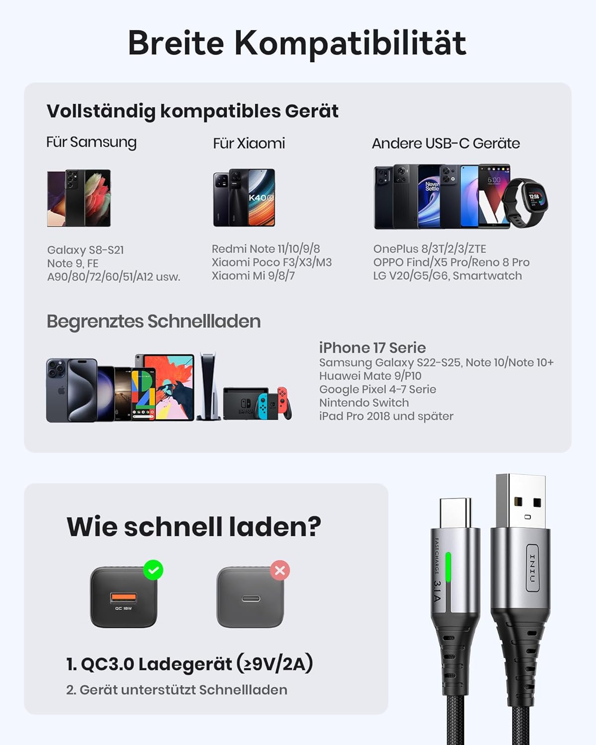 INIU USB auf USB C Kabel, (3 Stück 2 m/2 m/0,5 m), Laden USB-C Nylon Datenkabel, 3,1 A PD Schnellladekabel USB-C für Samsung Galaxy S22 S20 S10 iPhone 15 Huawei P30 Pixel 7 iPad Air Xiaomi PS5 – Bild 7