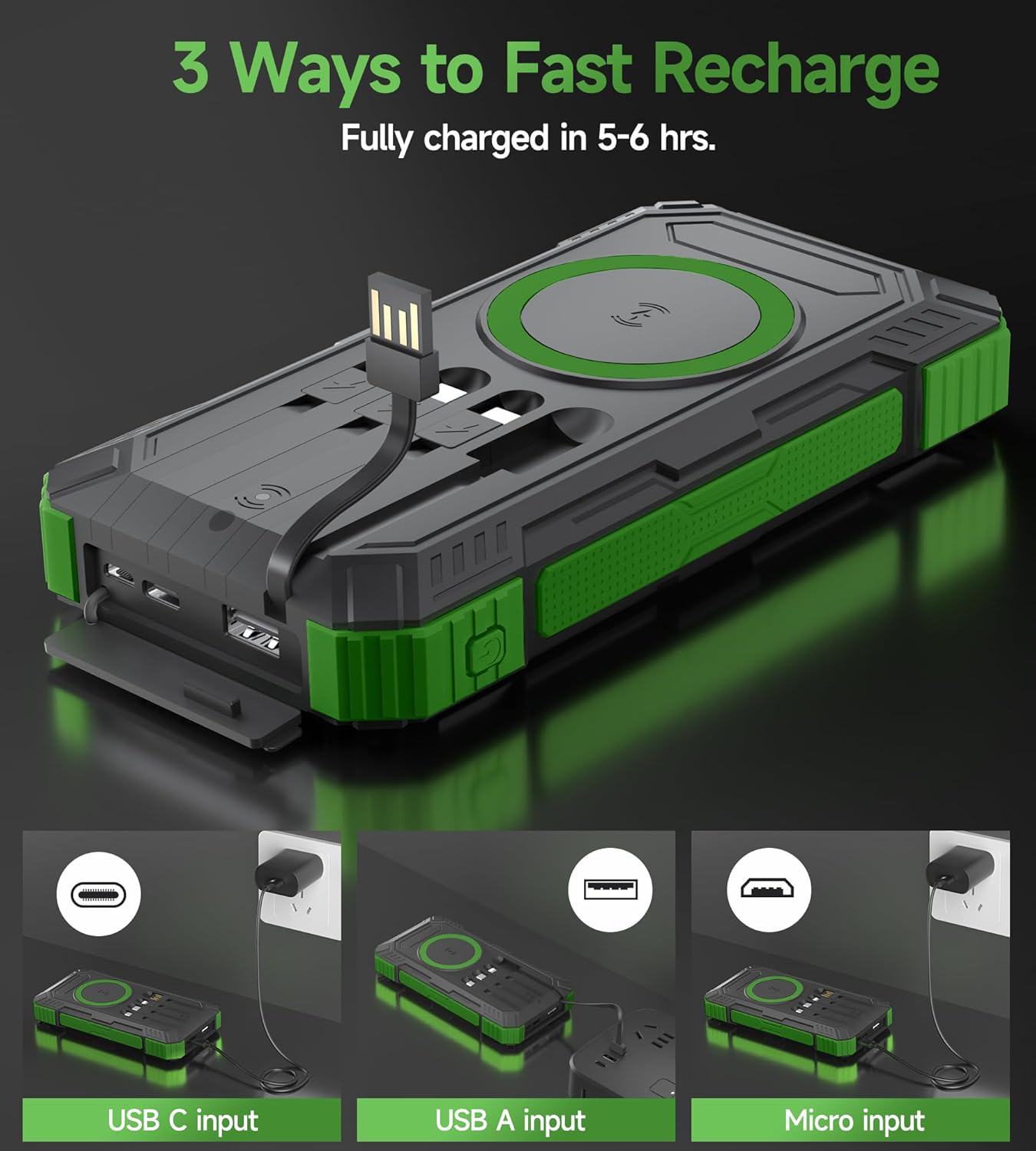 Powerbank 56800 mAh PD30W Solar Powerbank USB C Kabelloses Laden Externes Akkuladegerät mit 4 Kabeln, Schnellladung, 6 Ausgänge, 3 Eingänge, Powerbank Solar Outdoor mit Camping-LED-Lampe, Kompass – Bild 6