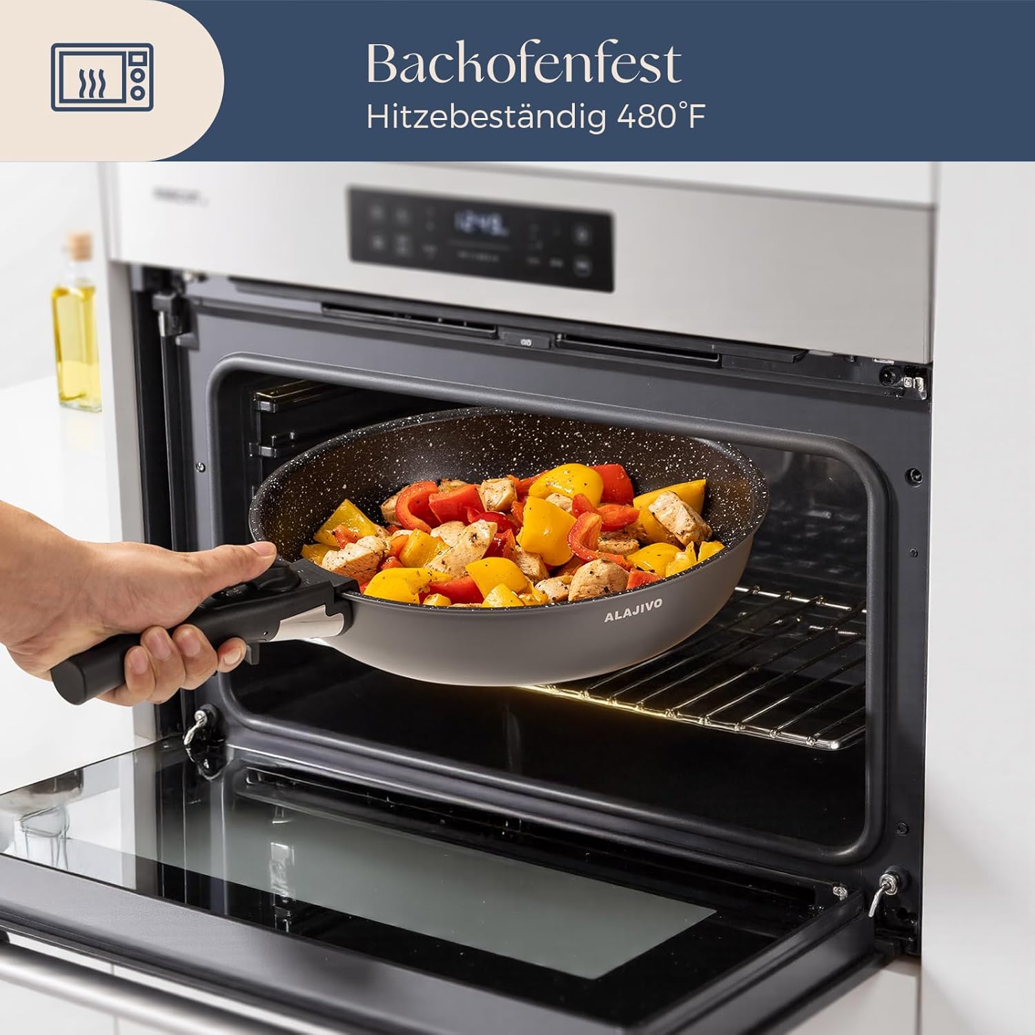 Pfannenset mit abnehmbarem Griff, Induktionspfannen, Bratpfanne mit Antihaftbeschichtung, 7-teiliges Set, 20 + 24 + 28 cm Platzsparpfannen, Pfannenset für alle Herdarten, Spülmaschinen, ofenfest (Grau) – Bild 5