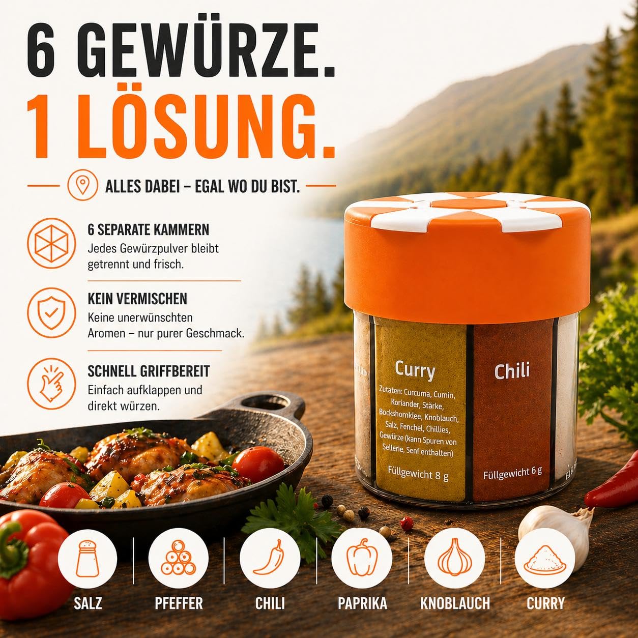 ration1 Gewürzstreuer XXL 6 in 1 Set für Camping-, Wander- und Outdoor-Ausrüstung, Gewürz-Organizer mit Salz, Pfeffer, Chili, Pfeffer, Knoblauch, Curry – Bild 2