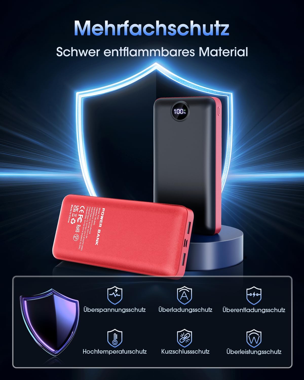 PowerBank 50.000 mAh, große Kapazität, 22,5 W, schnelles Aufladen, externer Akku, USB-C, 3 Ausgänge und 2 Eingänge, LED-Anzeige, Powerbank, kompatibel mit Smartphone, Tablet, Android usw. Rot – Bild 5