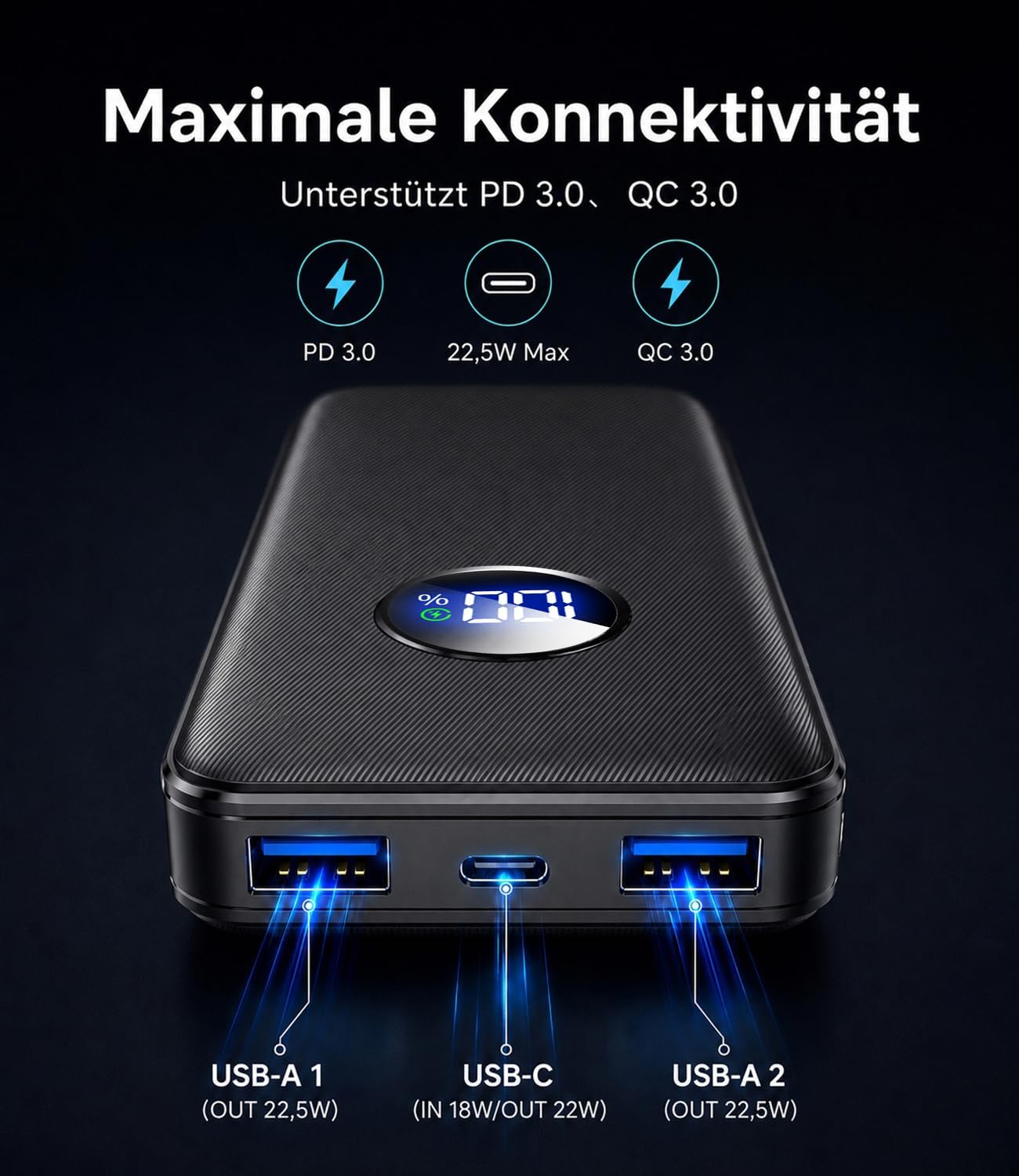 Powerbank 26800 mAh, 22,5 W Schnellladefunktion Externer Akku mit 3 Ausgängen (USB-C 20 W PD 3.0 & QC 3.0 USB-A), Flugzeugzulassung, Kompaktladegerät für iPhone 17 16 15, Samsung, iPad, Carbon – Bild 7