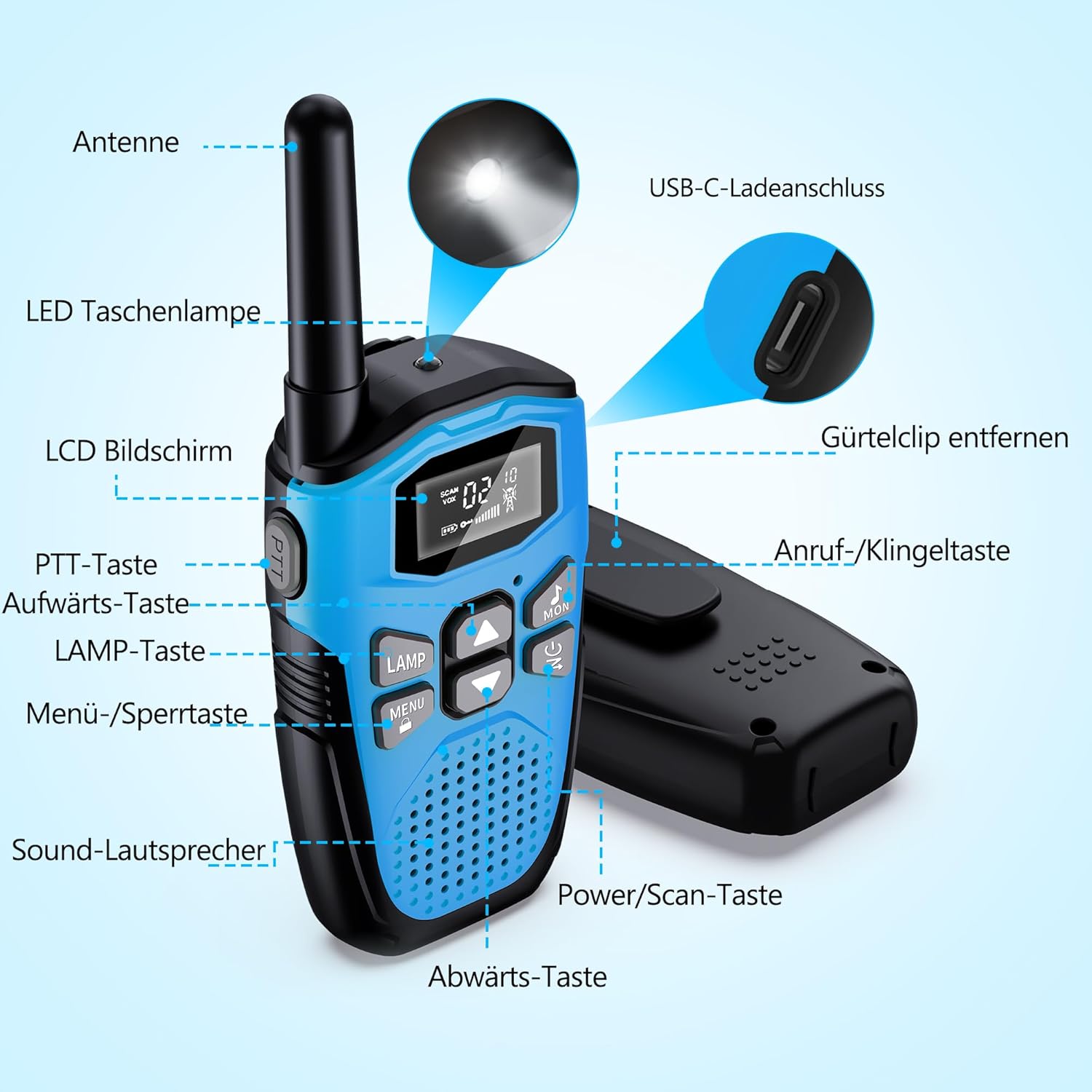 Walkie Talkie 4er Set, NXGKET Walkie Talkies Wiederaufladbar für Erwachsene Kinder Radios, Walki Talki mit großer Reichweite 5 km mit Li-Ionen-Akku, Walkie Talkies VOX Taschenlampe für Outdoor, Camping, Wandern – Bild 2