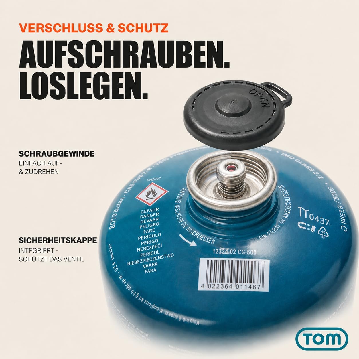 TOM Gaskartuschen 2 x 4 x 8 x oder 12 x 500 g Butan-Propan-Gas – Schraubkartuschen-Set – Kartuschen mit Sicherheitsschraubgewinde – Butangaskartusche ideal für Ihren Campingkocher (4 x 500 g) – Bild 5