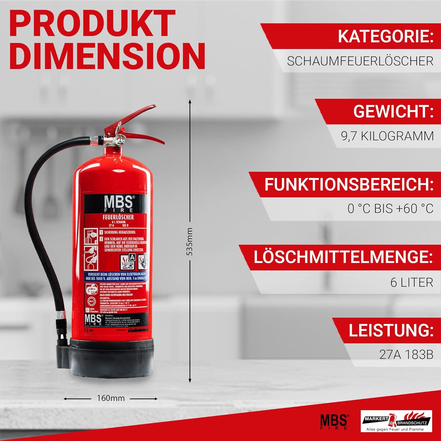 MBS FIRE Schaum-Feuerlöscher 6 L mit Manometer mit Wartungszertifikat 27A 183B, 2 Stück – Bild 2