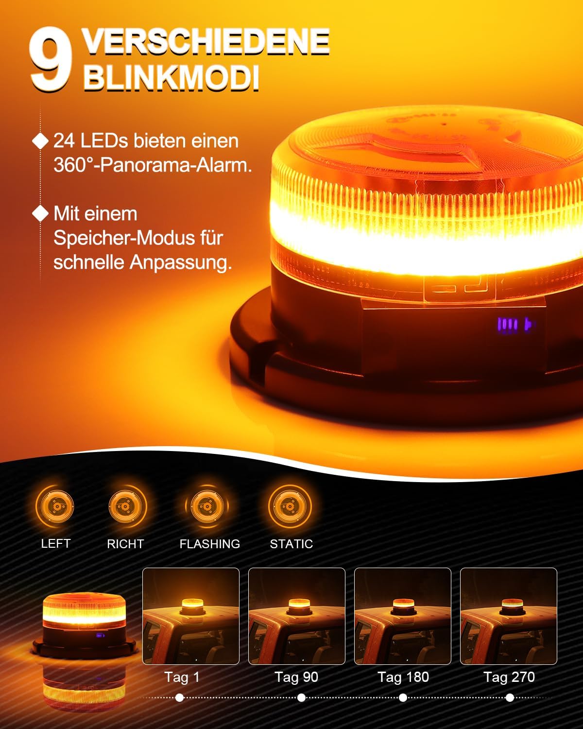 Dinfu Rotierender Akku mit Display, 9 Blinkmodi, LED-Blitzlicht, 12 V, magnetisches orangefarbenes Warnlicht mit Auto-Ladegerät und USB-Kabel für Auto, LKW, Traktor, Golfwagen, SUV – Bild 3