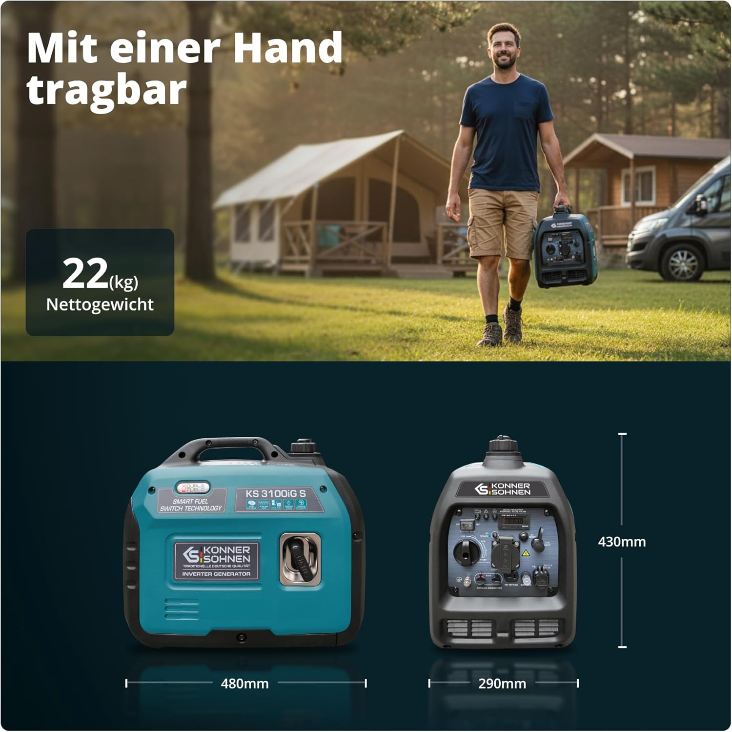 Könner & Söhnen KS 3100iG S LPG/Benzin Inverter Generator 3100 W, Notstromaggregat, Schuko-Steckdose 230 V, 2 USB-Anschlüsse, Inverter Stromerzeuger, Eco-Modus, Kupferwicklungen, Stromerzeuger Euro V – Bild 4