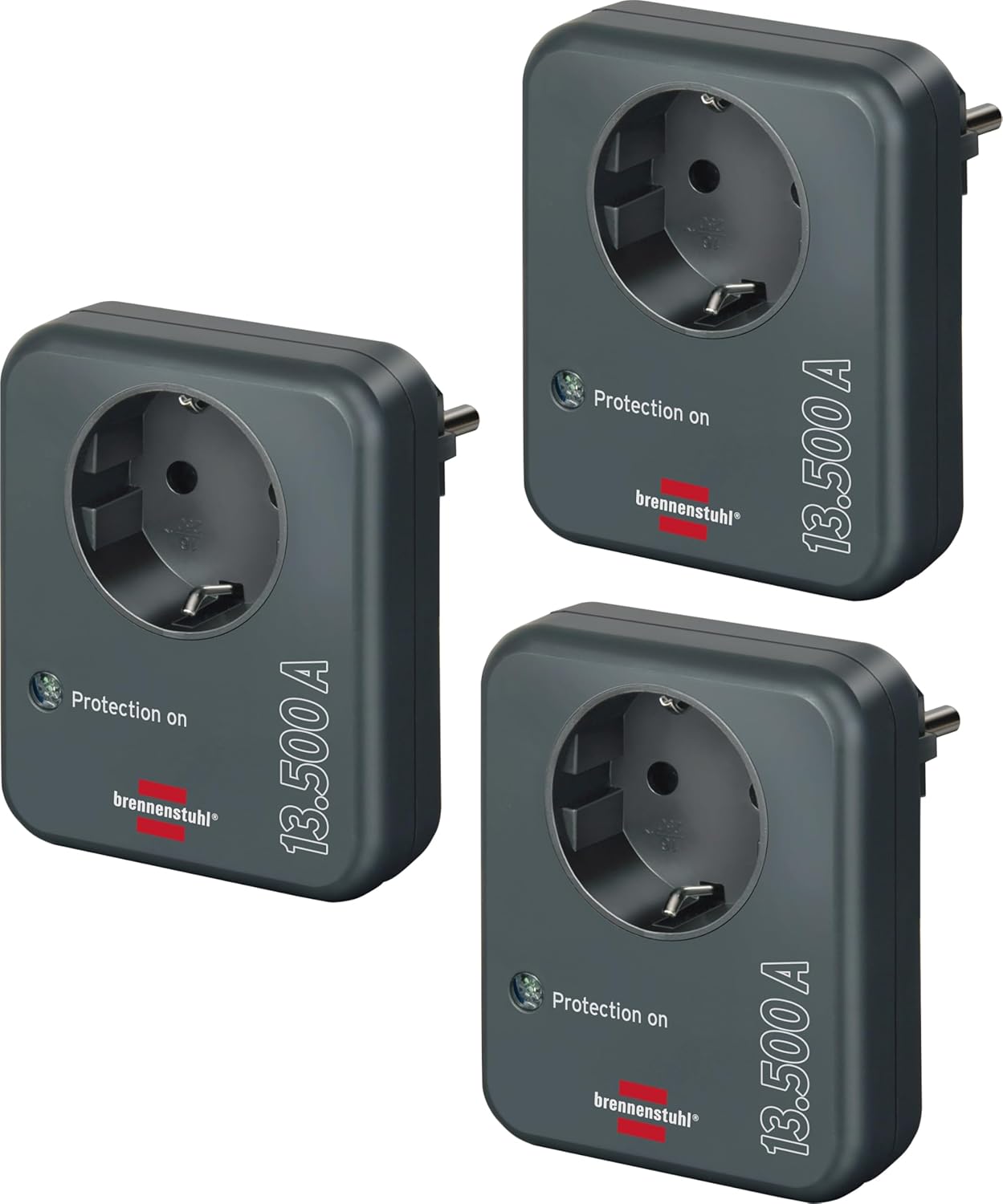 Brennenstuhl Steckdosenadapter mit Überspannungsschutz 13.500 A, 3er-Set (Adapter als Blitzschutz für Elektrogeräte) anthrazit