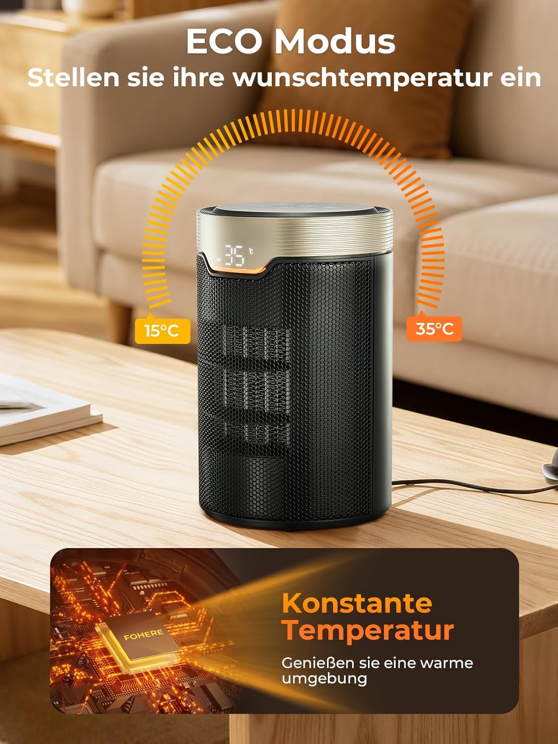 Heizlüfter Energiesparend, 24-Stunden-Timer 32 dB Leise 1500 W PTC-Keramik-Elektro-Heizlüfter mit Thermostat, Überhitzungs- & Kippschutz, Elektroheizung für Räume, Schlafzimmer, Eco-Modus, Glod – Bild 4