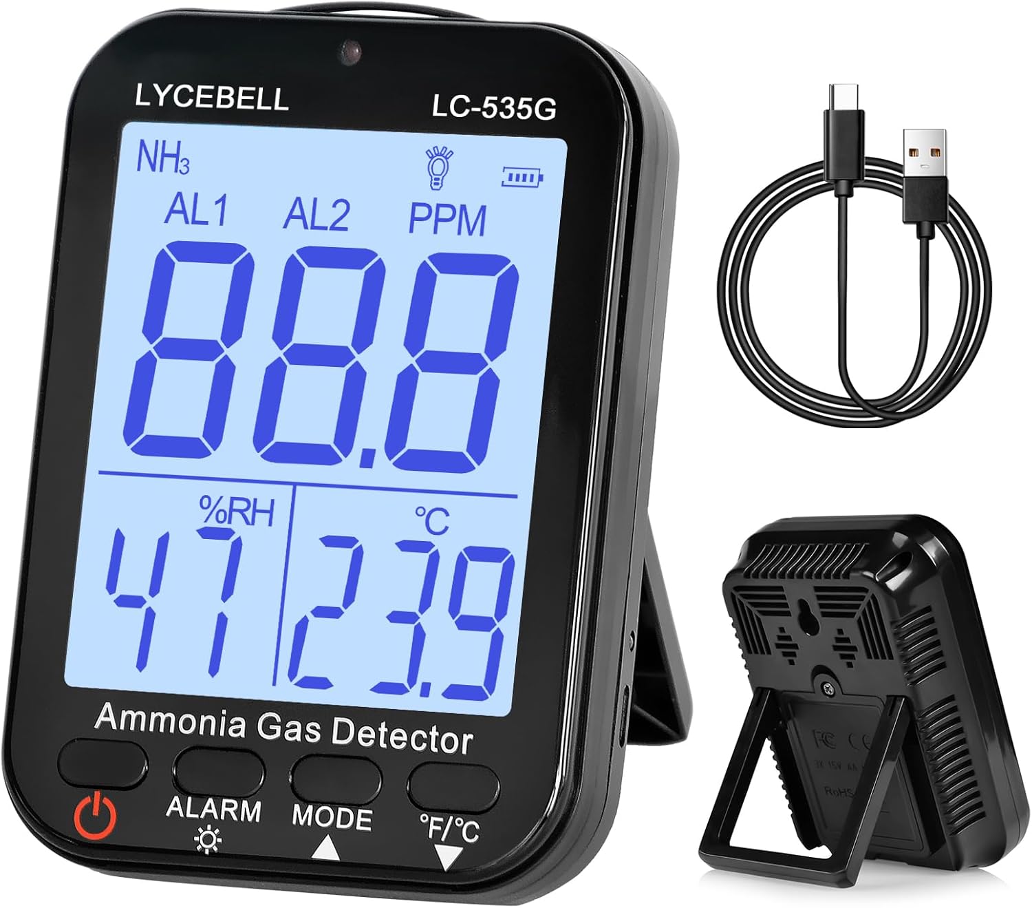 535G Ammoniak-Gasdetektor, NH3-Monitor 0–100 ppm mit Doppelalarm, wiederaufladbarer tragbarer Gasleckdetektor für Bauernhof/Industrie/Zuhause, Temperatur- und Luftfeuchtigkeitsanzeige