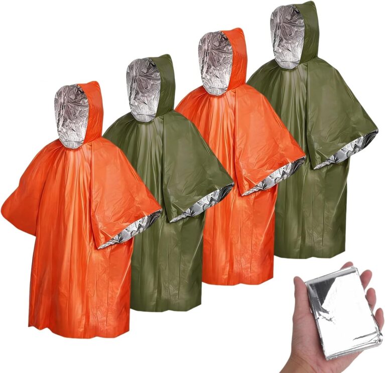 4 Stück Notfallponcho, Regenponcho, Rettungsdecke, Biwaktasche, hält warm und trocken, Notfallausrüstung, geeignet für Wandern, Camping, Wandern und Notfälle (Orange/Grün)