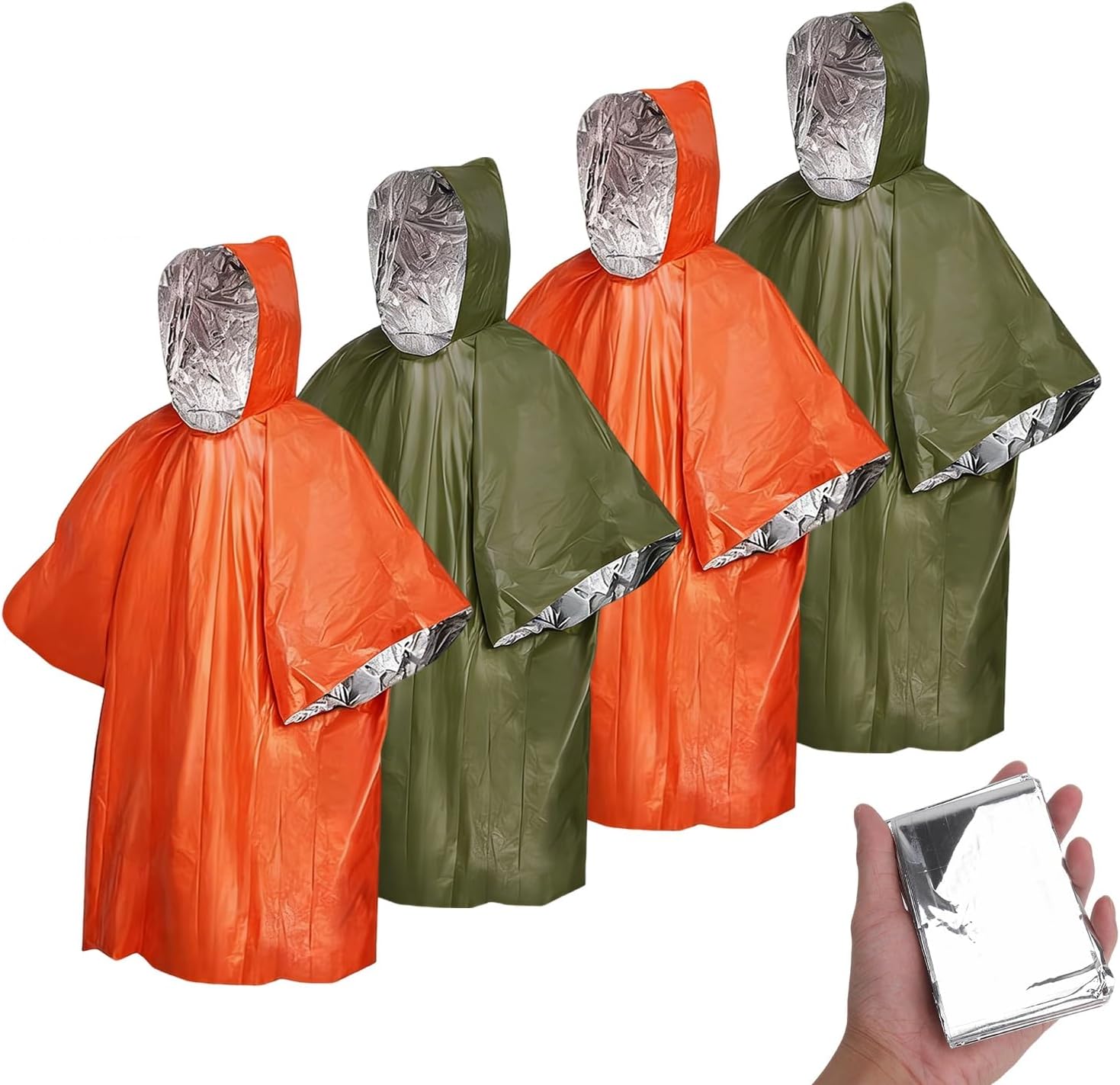 4 Stück Notfallponcho, Regenponcho, Rettungsdecke, Biwaktasche, hält warm und trocken, Notfallausrüstung, geeignet für Wandern, Camping, Wandern und Notfälle (Orange/Grün)