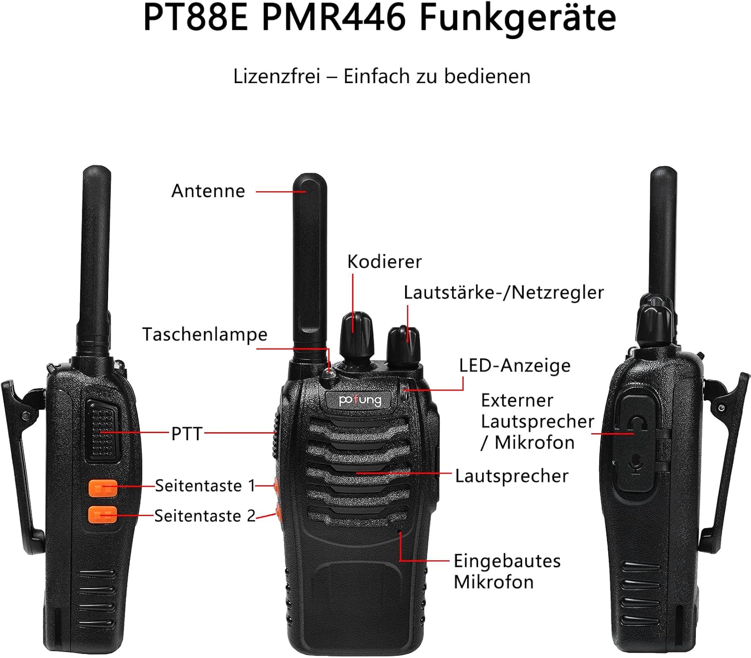 Walkie Talkie PMR446 lizenzfreies Zwei-Wege-Radio, pofung PT88E 16 Kanäle, professionelle wiederaufladbare USB-Ladestation mit großer Reichweite und Ohrhörer, Schwarz, 4 Stück – Bild 2