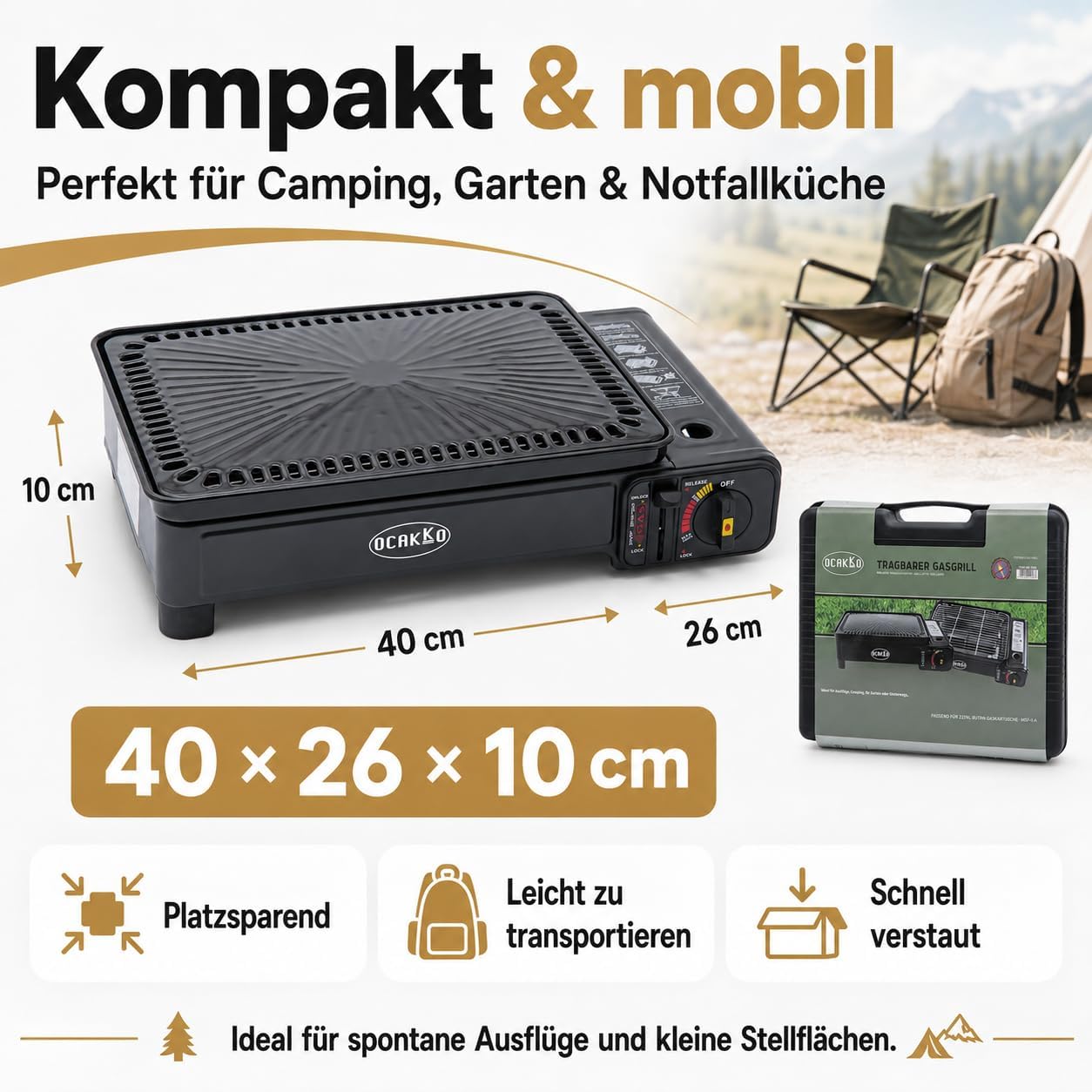 Gasgrill Camping mit 8 Kartuschen Grillplatte Grillrost + Schaschlikspieße | Mit 4 oder 8 Gaskartuschen, tragbarer Gaskochergrill mit Koffer – Bild 4