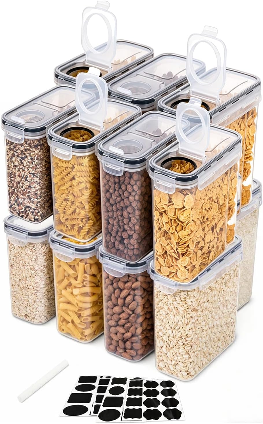 12 Müslibox mit Deckel, 4L Vorratsgläser mit Deckel, Etiketten, luftdichte Aufbewahrungsbox, Küchenaufbewahrung, Aufbewahrung für Mehl, Müsli, Reis, Katzenfutter, Hundefutter, Haustiere, Nudeln
