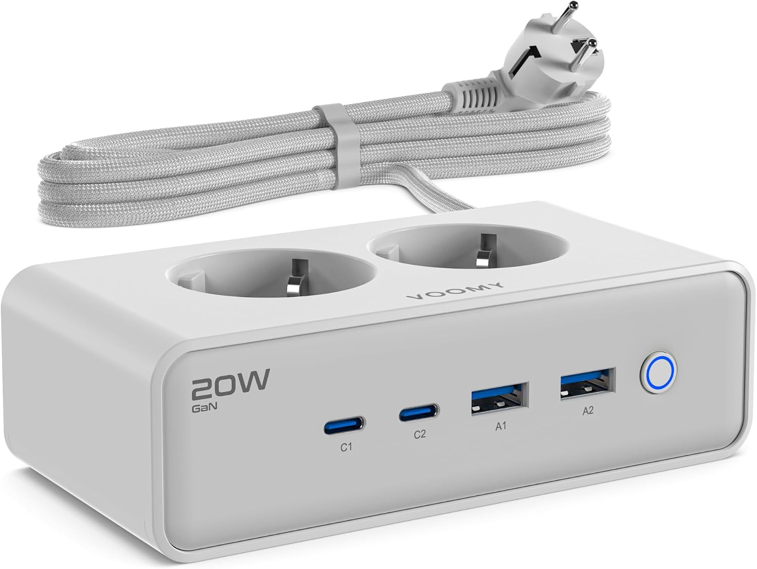Voomy Mehrfachsteckdose mit 20W USB-Anschlüssen, Überspannungsschutz, Überlast- & Kurzschlussschutz, Sicherheitsverschluss, 2 Meter (weiß)