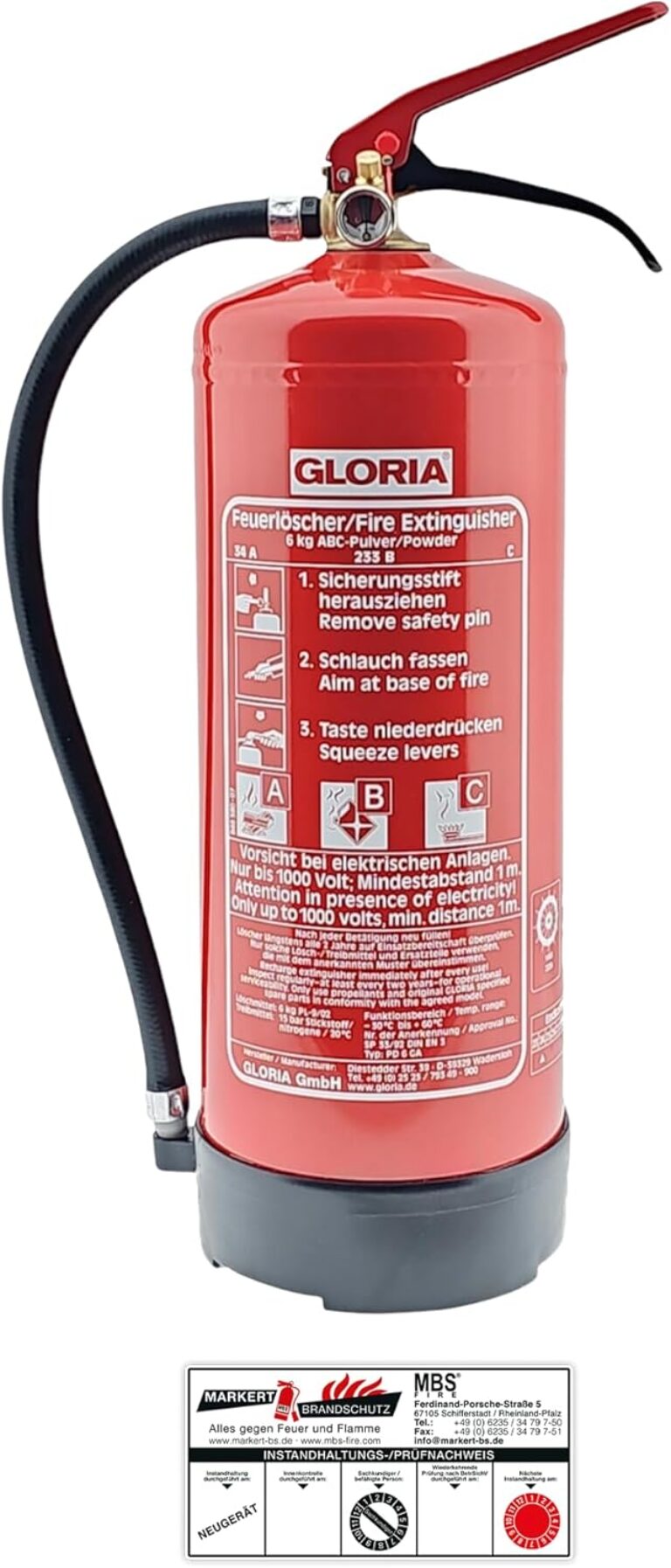 Gloria Pulverlöscher PD 6 GA – 6 kg Dauerdrucklöscher – Brandklasse A, B, C – inklusive Wandhalterung