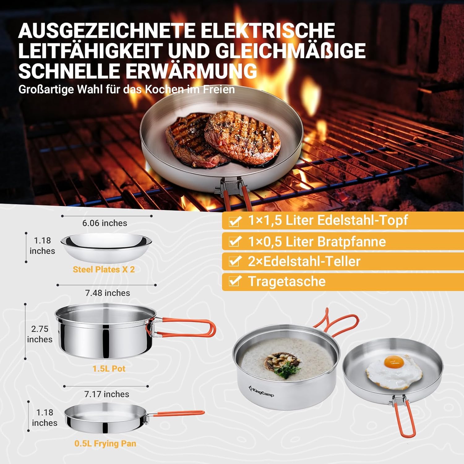 KingCamp Campinggeschirr, multifunktionales Robustes Camping Kochgeschirr | Mit Töpfen, Pfanne und faltbarem Besteck, alles ultraleicht stapelbar, ideal für Campingkocher, Outdoor, Wandern und Trekking – Bild 4