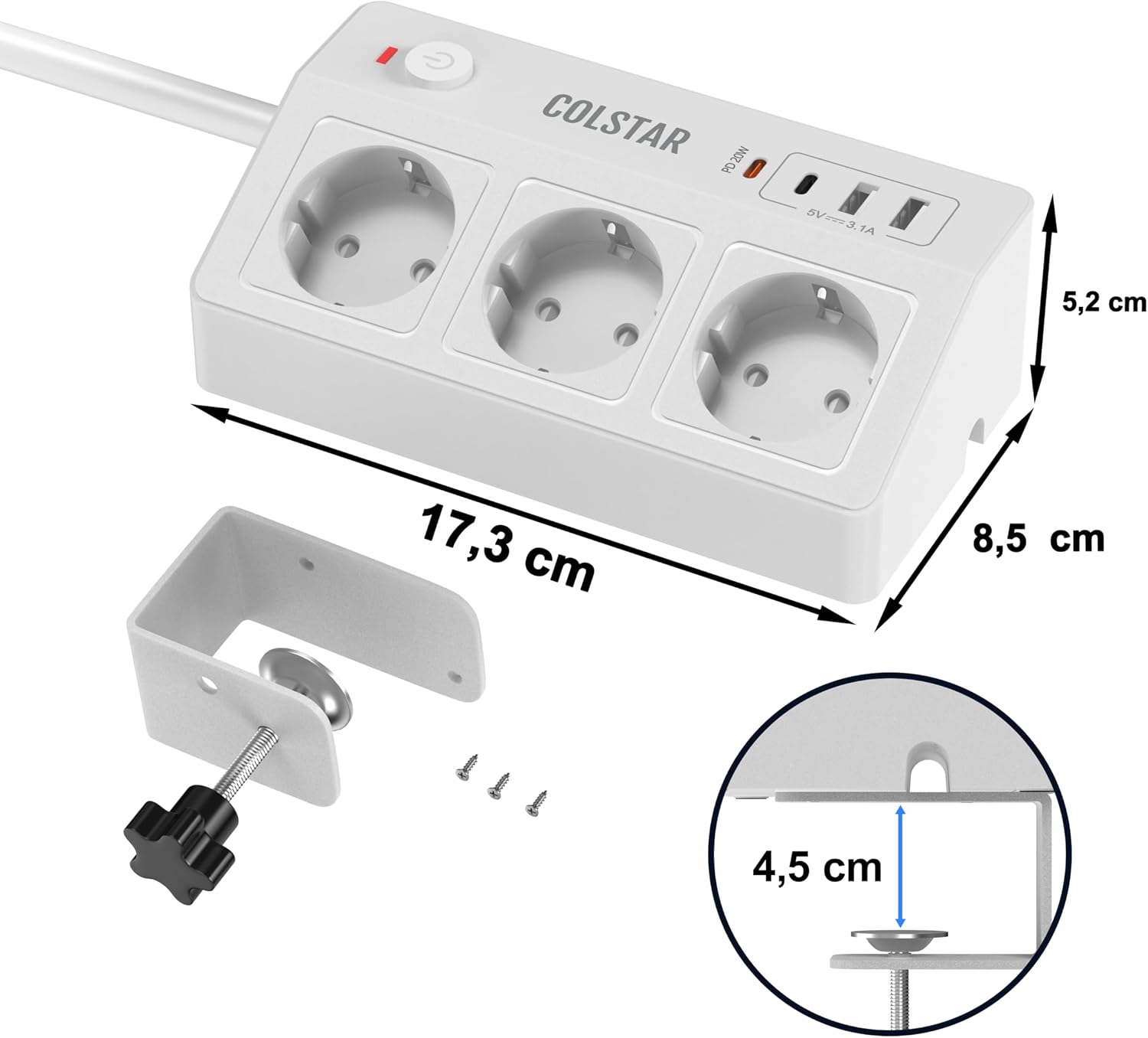3-fach Steckdosenleiste mit USB-C PD 20 W und Tischklemme | 3 Steckdosen, 2 USB-A und USB-C PD 20W, Tischklemme bis 4,5 cm, 1,8 m Kabel, 16 A/4000 W, Überspannungsschutz – Bild 6