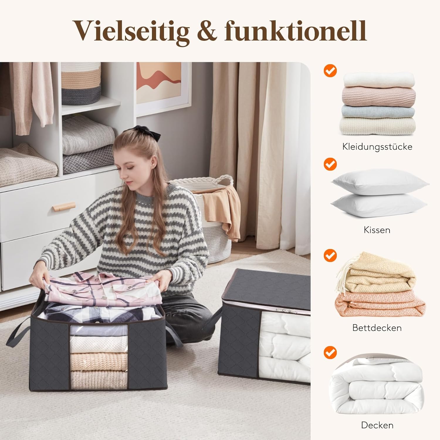 Lifewit 4 Stück Aufbewahrungstaschen, Aufbewahrungsboxen mit Deckel, Kleiderschrank-Organizer, faltbare Kleideraufbewahrung, Umzugskartons mit verstärktem Griff für Bettdecken, Kleidung, Decken, Grau, 60 l – Bild 7