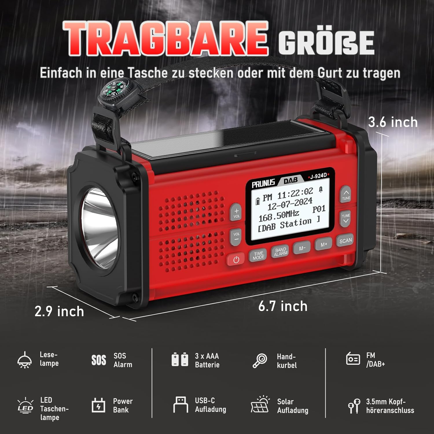 PRUNUS J-924D Digitalradio DAB+/FM, Kurbelradio Notfall mit 10000 mAh Akku, DAB-Radio mit Bluetooth, Notfallradio mit Taschenlampe/SOS-Alarm/Handy-Ladefunktion für Outdoor/Notfall (Rot) – Bild 2