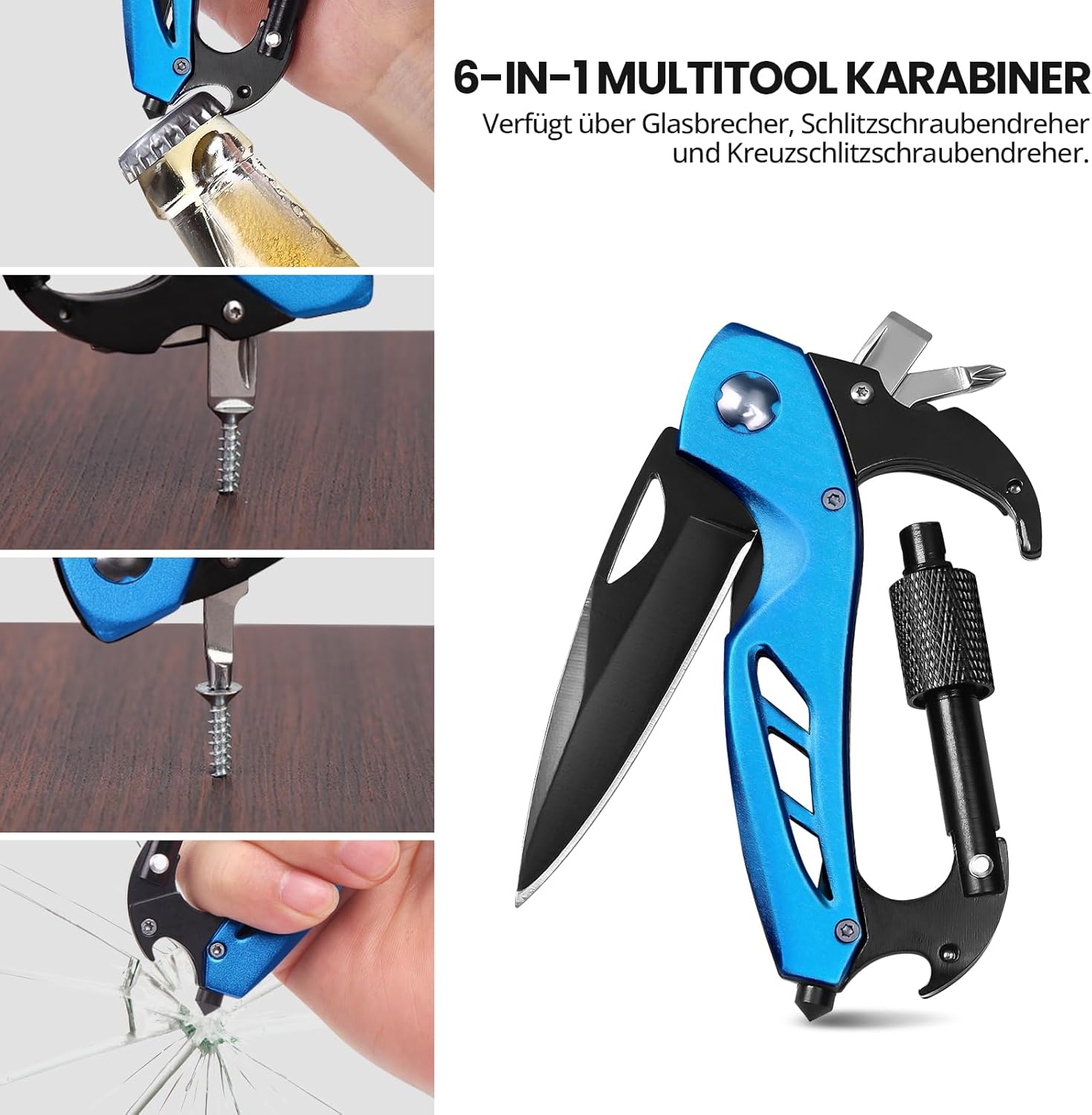 BEEK Multifunktionswerkzeug mit Flaschenöffner, Karabiner, Glasbrecher, Kreuzschlitzschraubendreher, Schlitzschraubendreher, Geschenke für Männer, Adventskalenderbefüllung (blau) – Bild 2