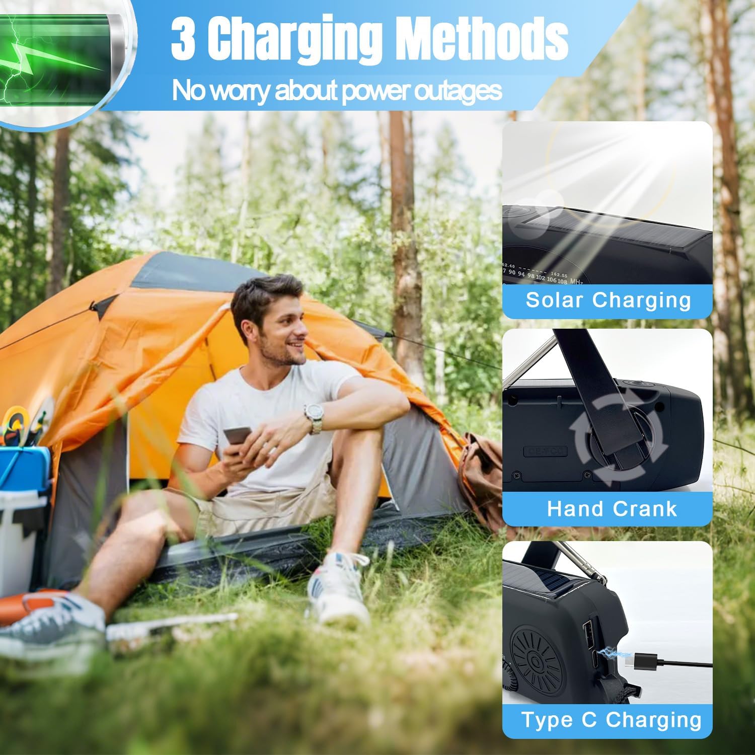 2000 mAh Notfall-Solar-Handkurbelradio, 3-Wege-betriebenes tragbares Wetterradio AM/FM/NOAA mit USB-Ladegerät, Handy-Ladegerät, SOS-Alarm und LED-Taschenlampe für Camping, Wandern (schwarz) – Bild 2