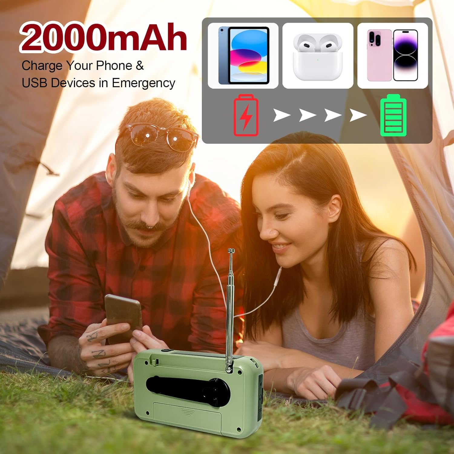 Notfallradio, 3-Wege-Lade-Notfallradios, 2000-mAh-Akku-Kurbelradio, Solarladegerät, Powerbank, USB-AM/FM-Radio mit SOS-Alarm, Kopfhöreranschluss, Taschenlampe, Indoor-Outdoor-Camping, kleines Taschenradio – Bild 2