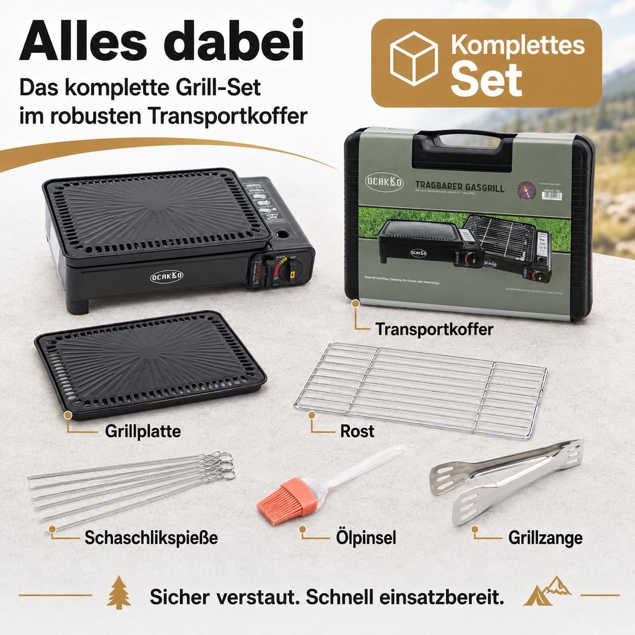 Gasgrill Camping mit 8 Kartuschen Grillplatte Grillrost + Schaschlikspieße | Mit 4 oder 8 Gaskartuschen, tragbarer Gaskochergrill mit Koffer – Bild 3